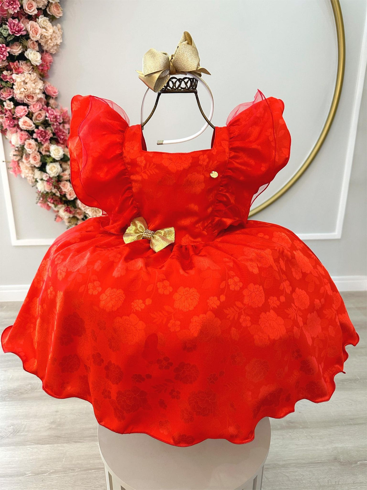 Vestido Infantil Vermelho Jacquard Broche Dourado Natal Festa (3366VC)