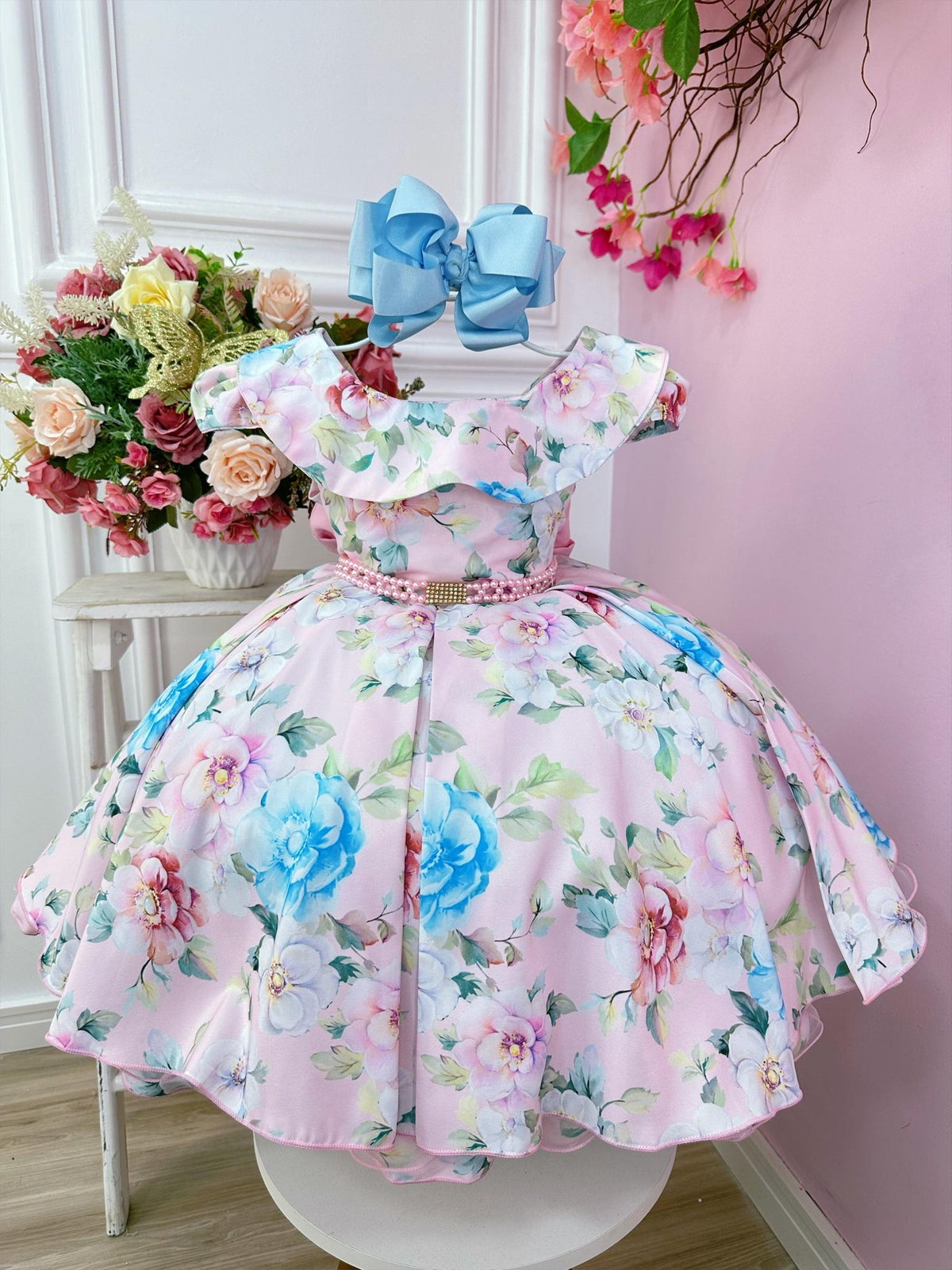 Vestido Infantil Rosa Jardim Encantado Cinto Pérolas Festas (2845RB)