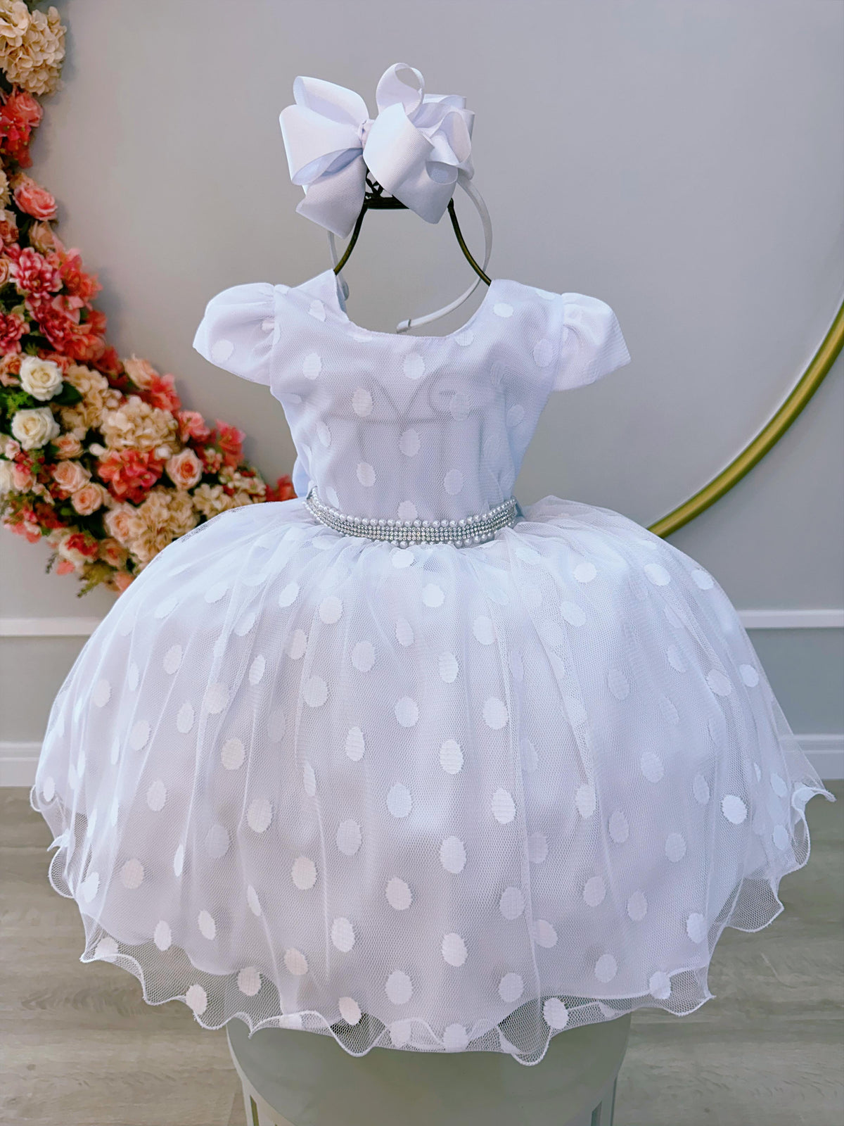 Vestido Infantil Branco Poá Com Cinto de Strass Pérolas (4493BC)