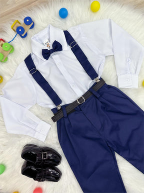 Conjunto Social Calça Gravata e Susp. Azul Mar. Camisa Branca (1382AM)