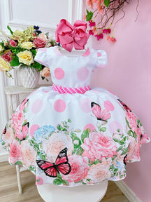 Vestido Infantil Branco Jardim Borboletas e Cinto Pérolas (0777BR)