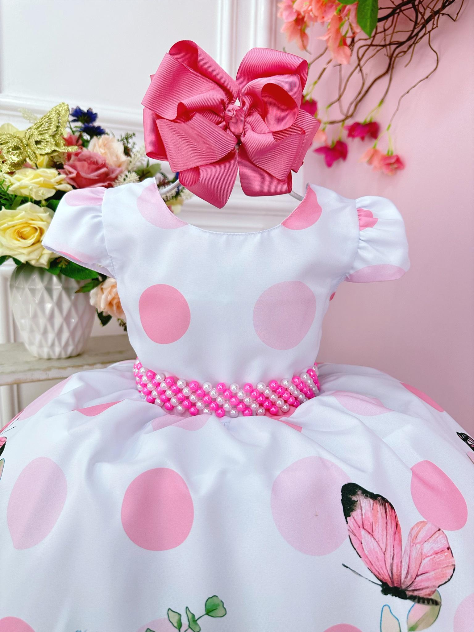 Vestido Infantil Branco Jardim Borboletas e Cinto Pérolas (0777BR)