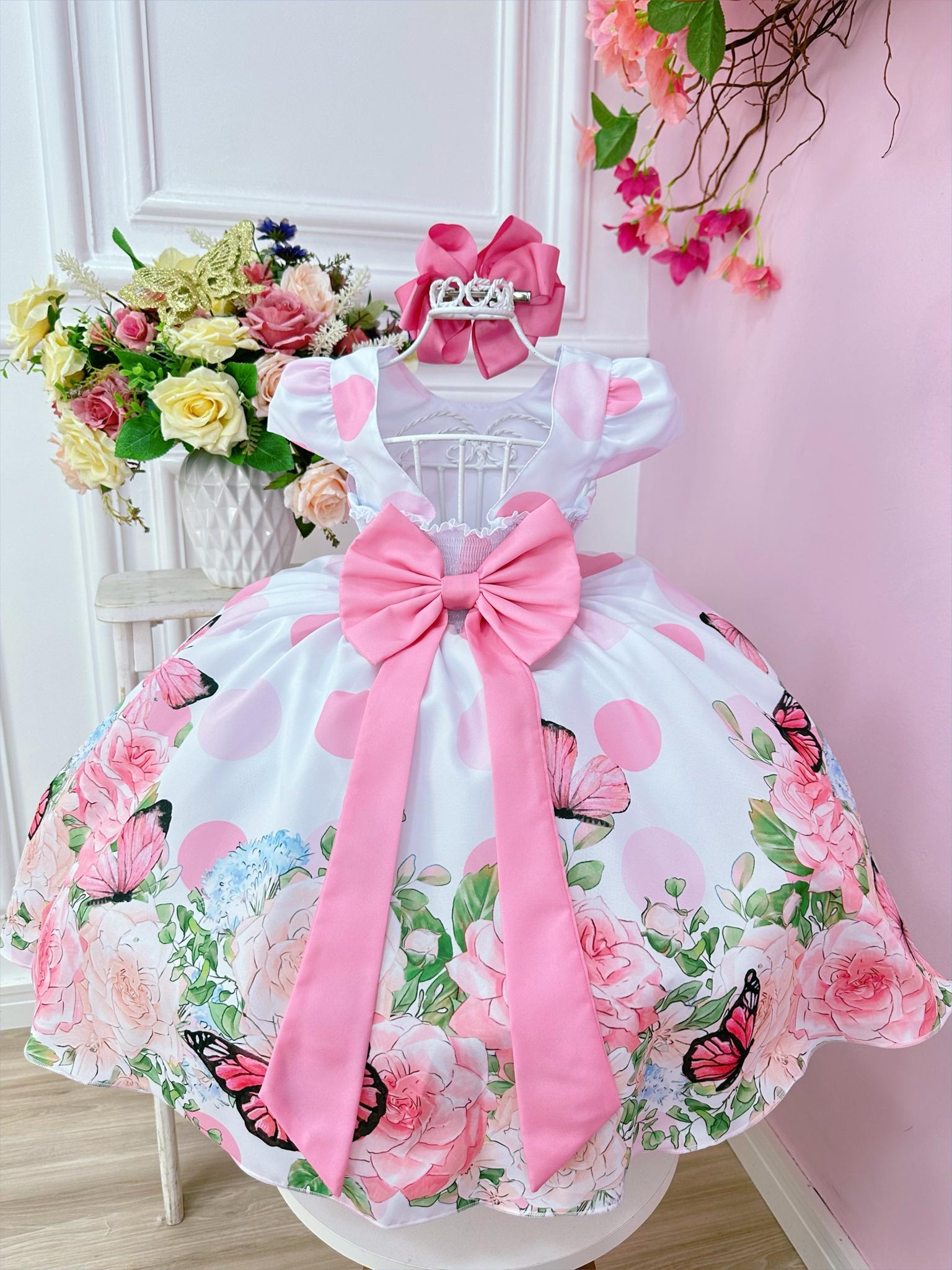 Vestido Infantil Branco Jardim Borboletas e Cinto Pérolas (0777BR)