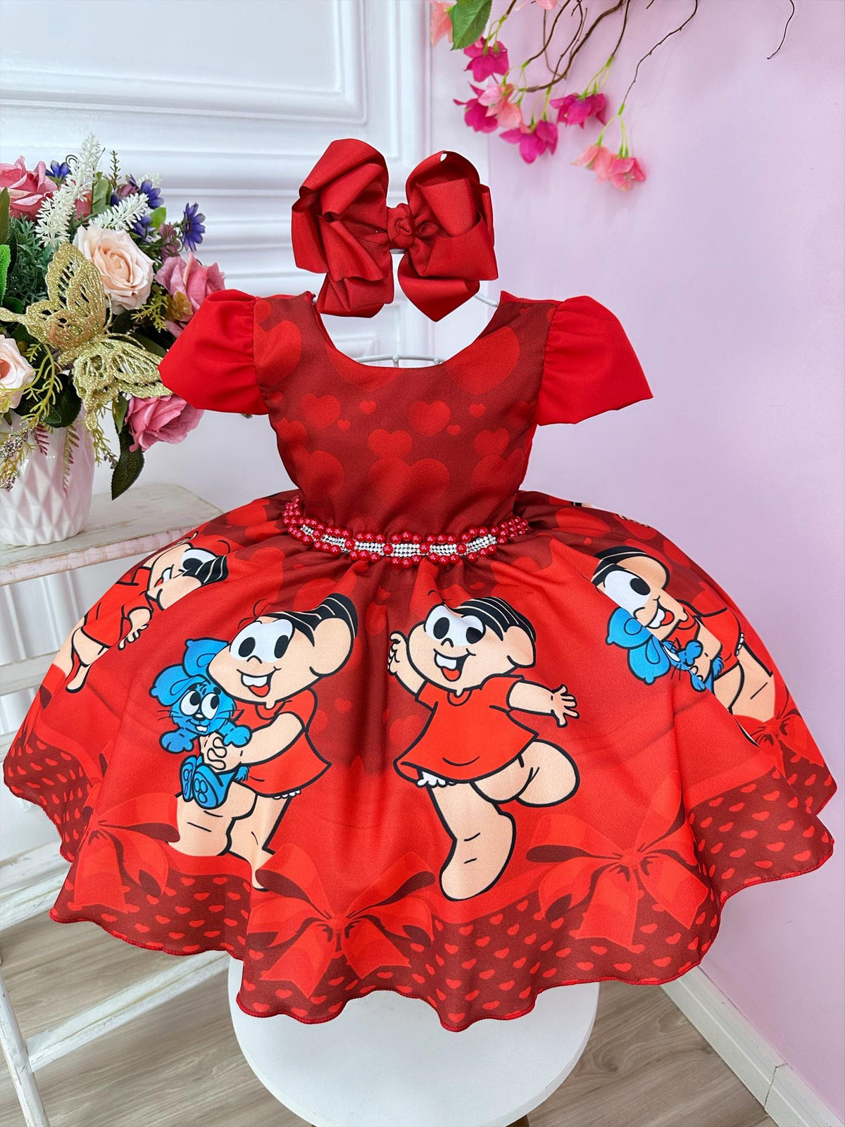 Vestido Infantil Mônica e Sansão Vermelho C/ Cinto Pérolas (3048VM)