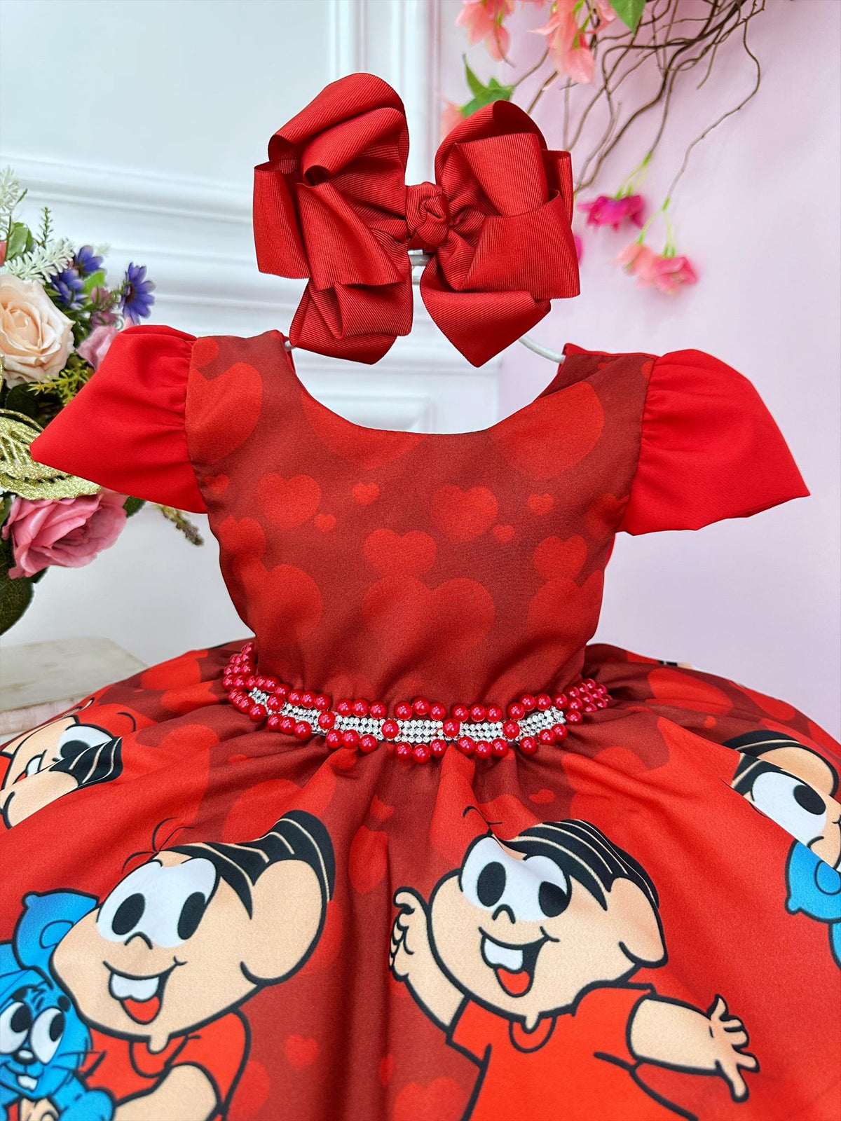 Vestido Infantil Mônica e Sansão Vermelho C/ Cinto Pérolas (3048VM)