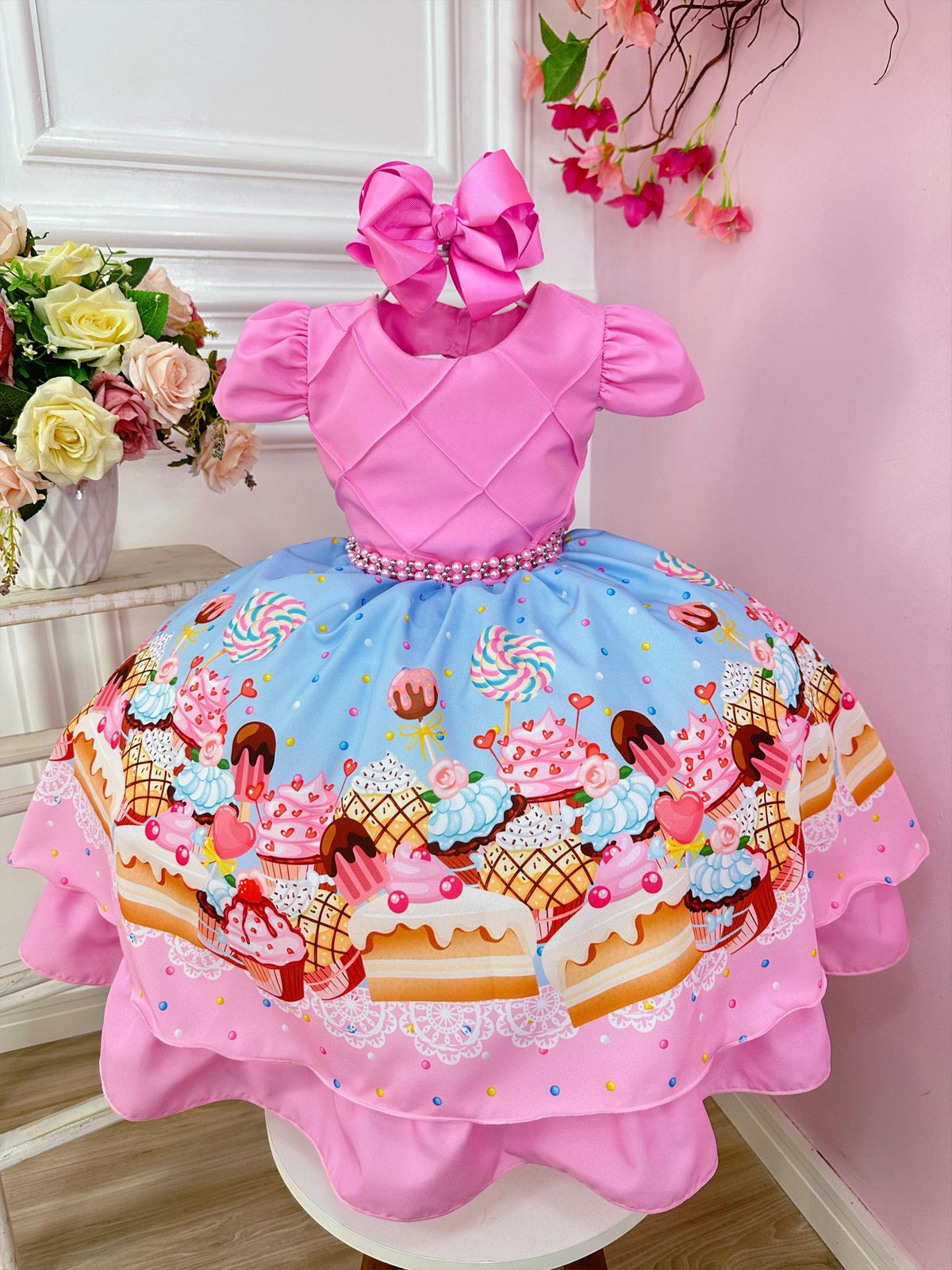 Vestido Infantil Doces Confeitaria Rosa Chiclete Festas (8017RD)