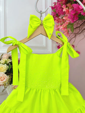 Vestido infantil Verde Lima Neon Strass no Busto e Laço Festa (0085VL)