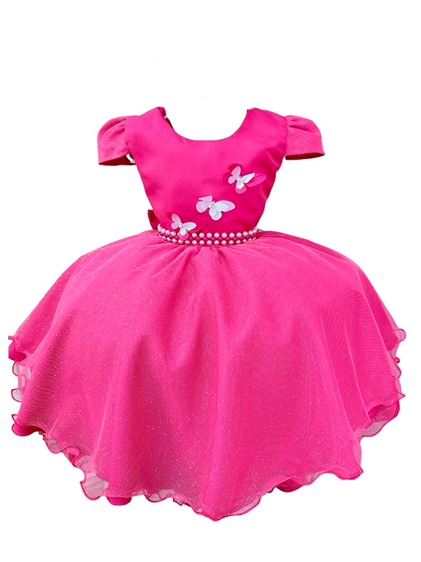 Vestido Infantil Pink C/ Glitter e Aplique de Borboletas (0112PK)