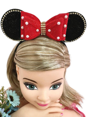 Tiara Infantil Minnie Vermelha Preta Pérolas Strass Tule (TIARA233)