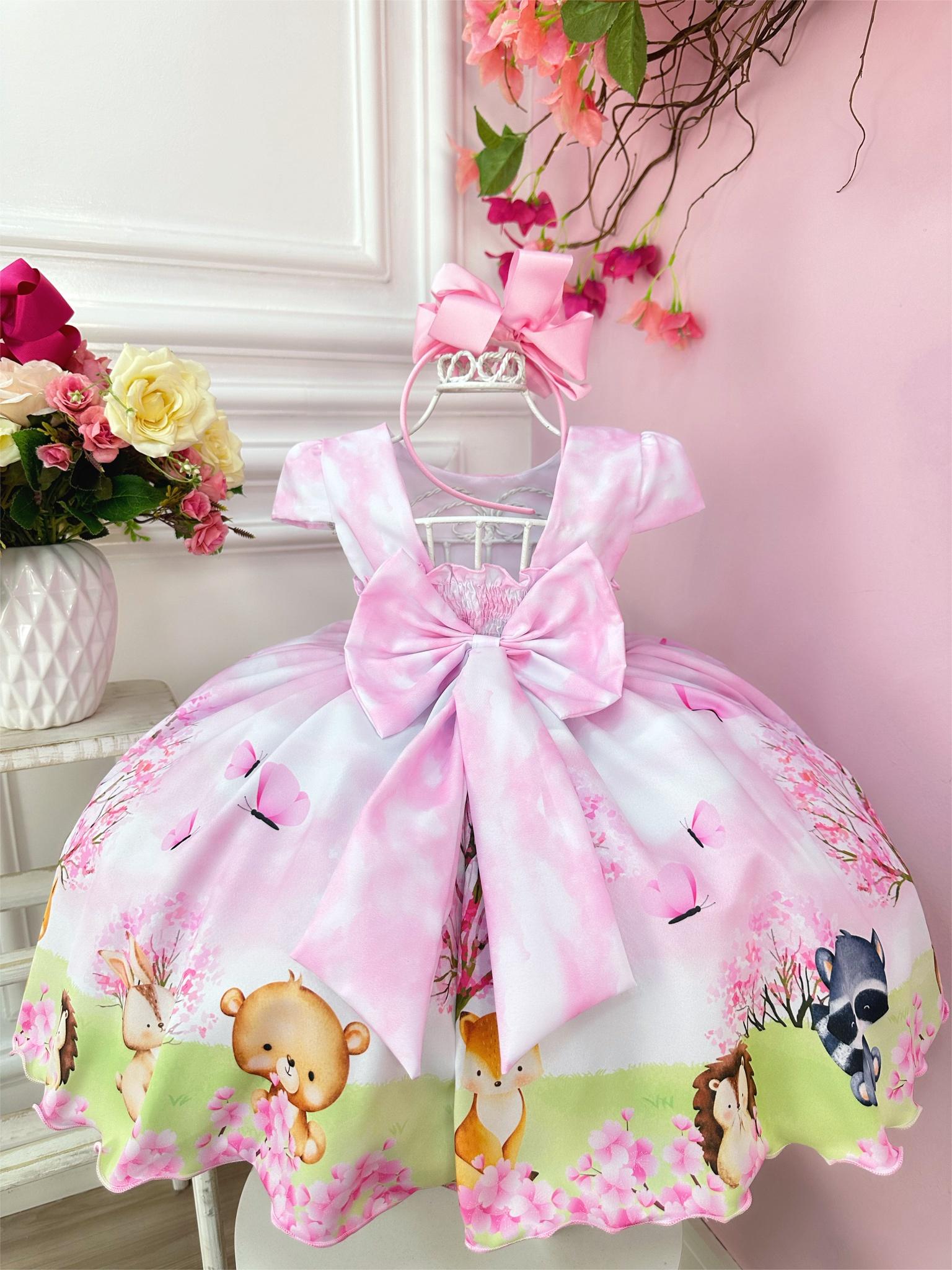 Vestido Infantil Rosa Bosque Encantado dos Animais Festas (1282RS)