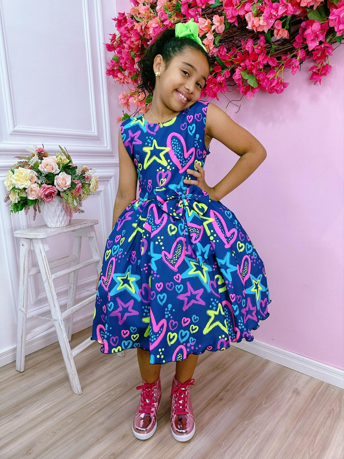 Vestido Infantil Barbie Azul Marinho Neon C/ Broche de Laço (1219AM)