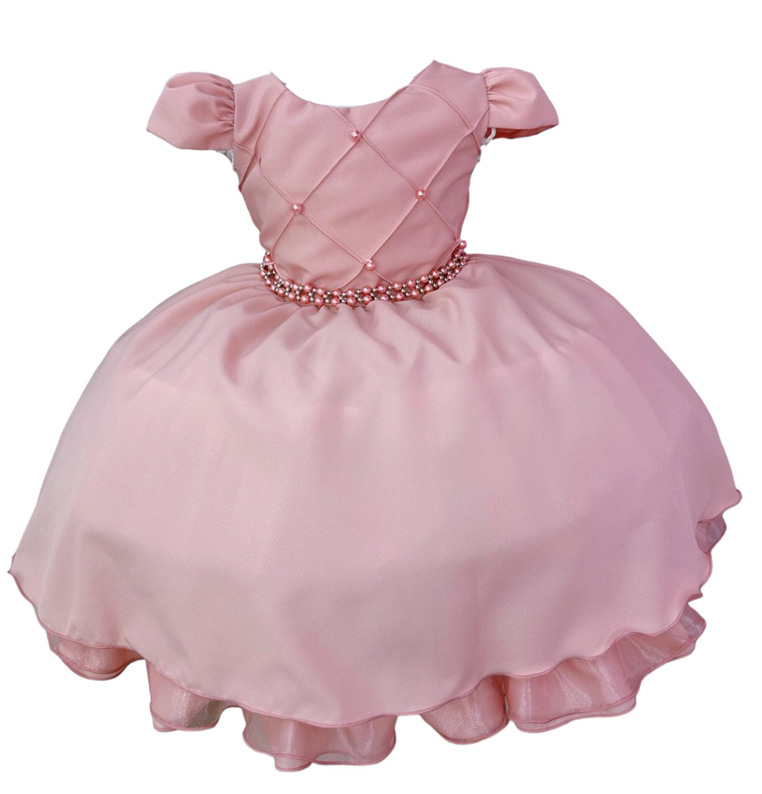 Vestido Infantil Rosa Chá Busto Nervura C/ Cinto de Pérolas (7504RB)