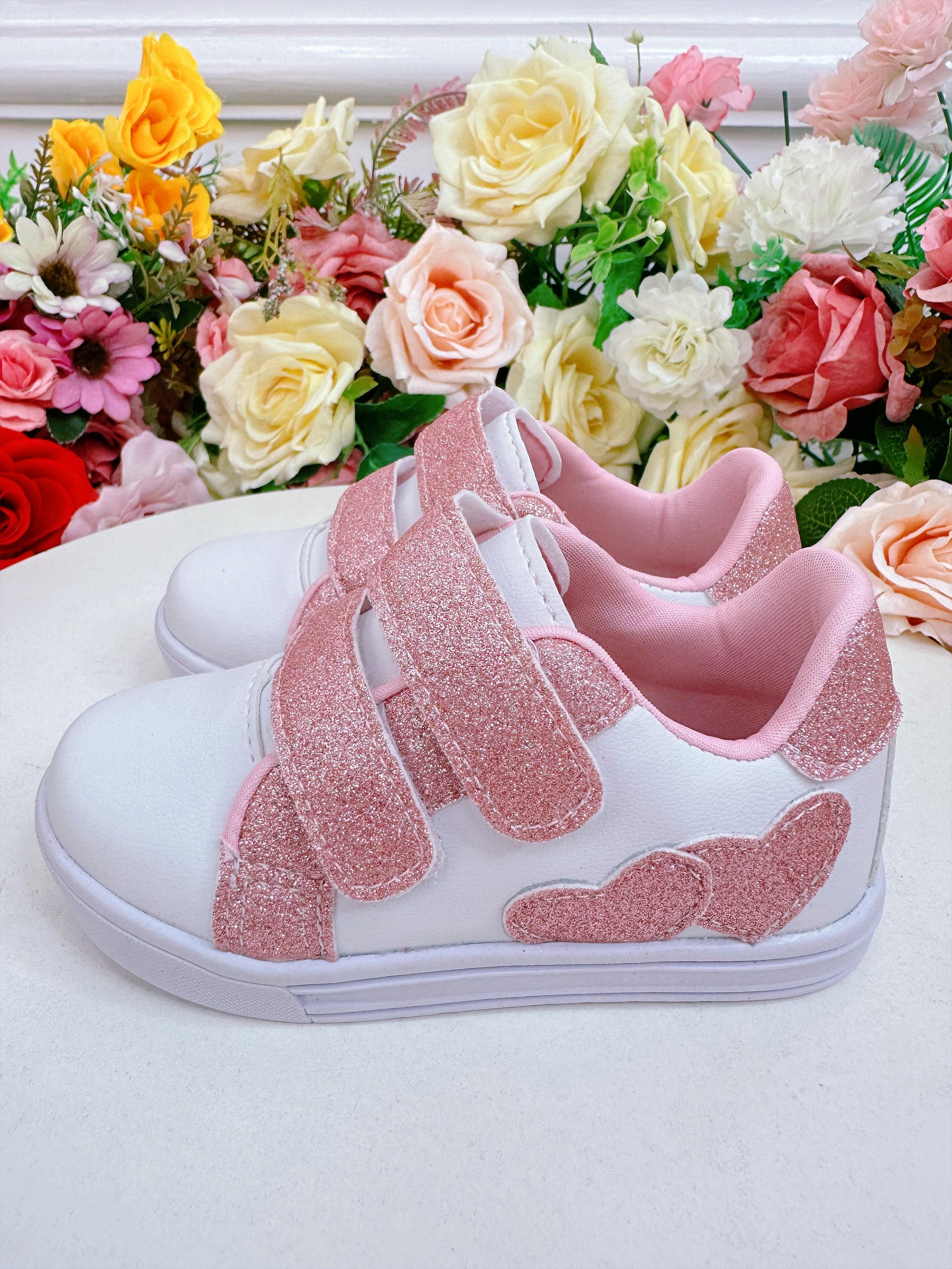 Tênis com Velcro Branco e Rosa C/ Glitter Meninas (8504BB)