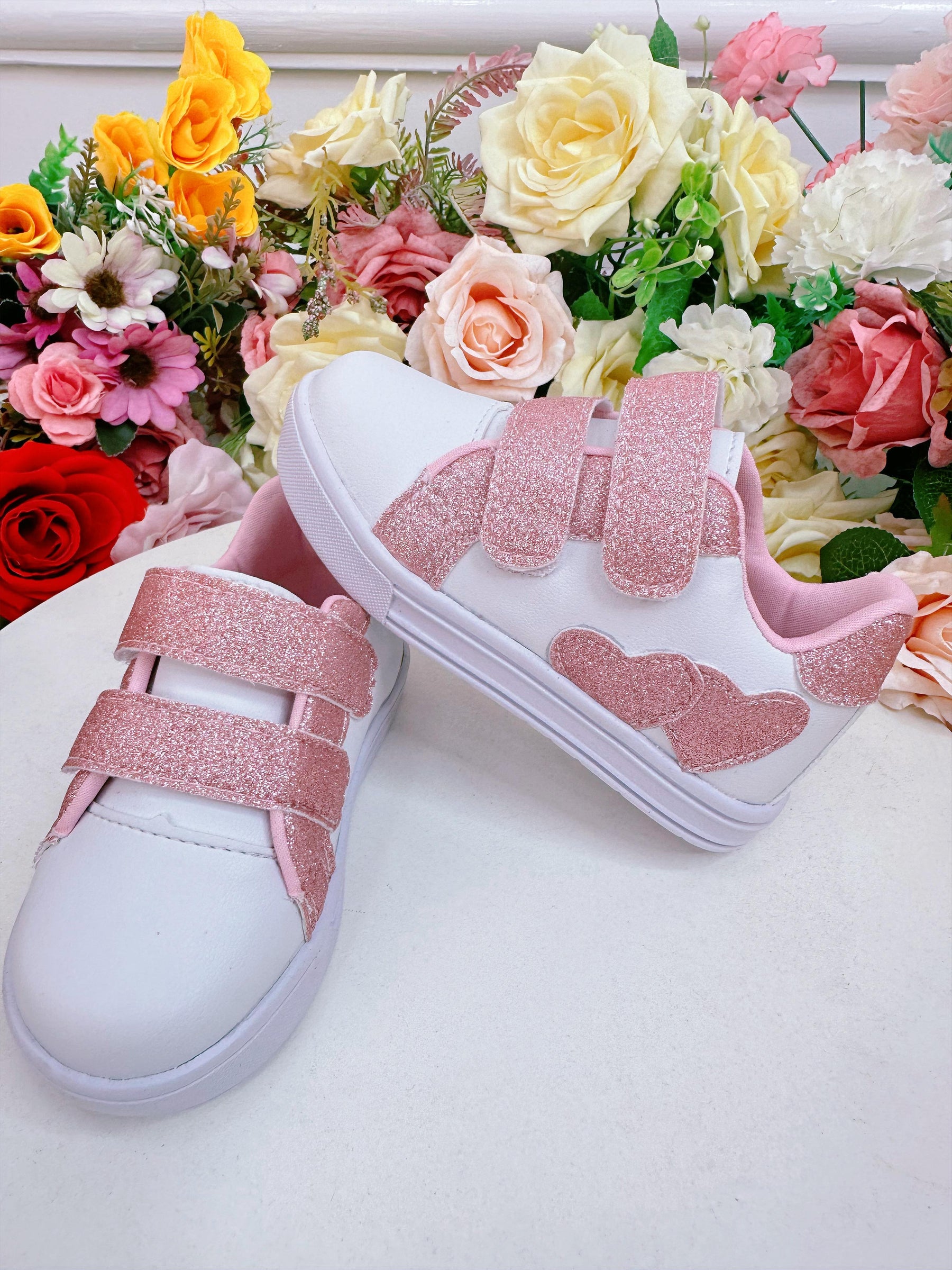 Tênis com Velcro Branco e Rosa C/ Glitter Meninas (8504BB)