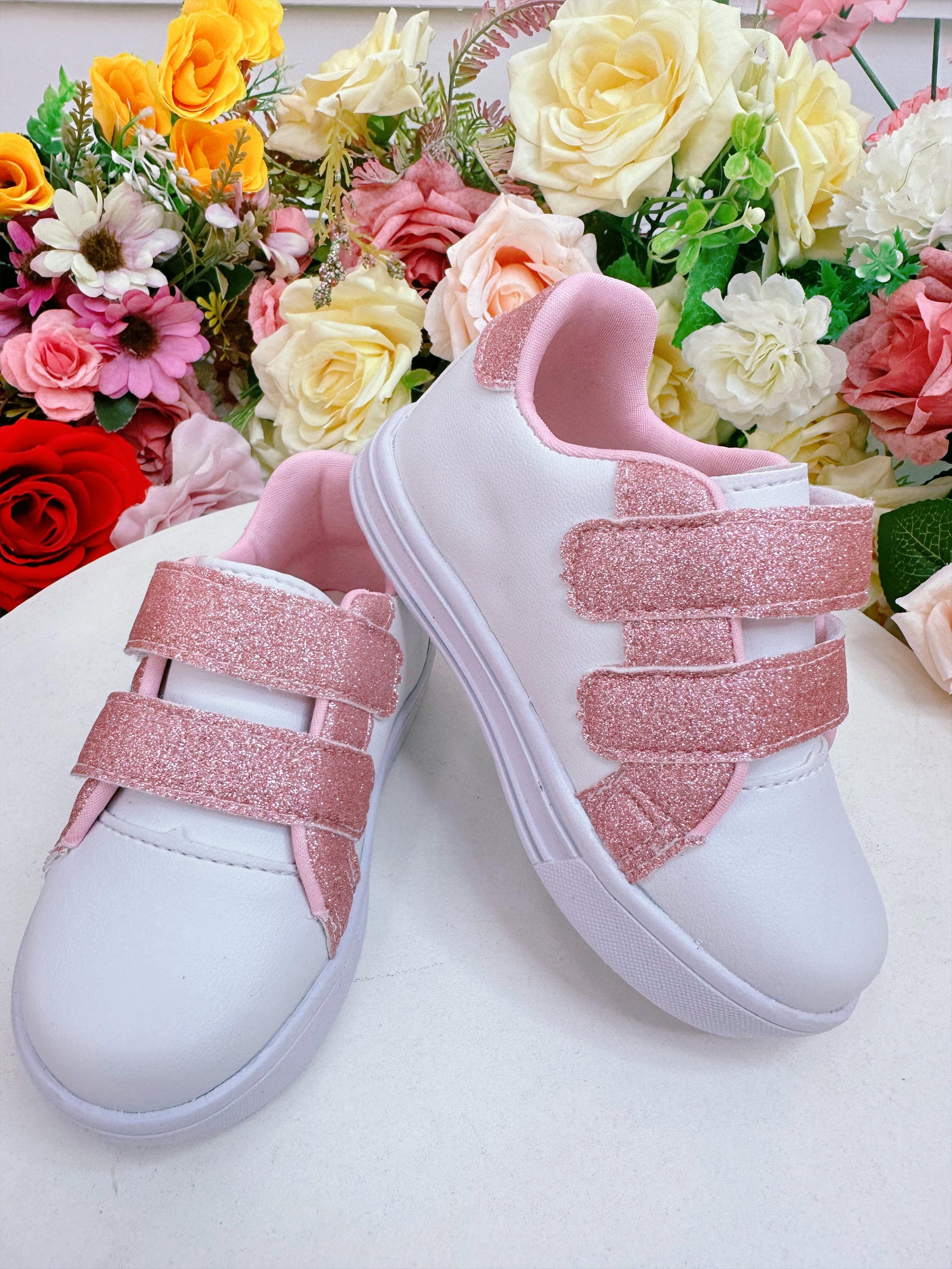 Tênis com Velcro Branco e Rosa C/ Glitter Meninas (8504BB)