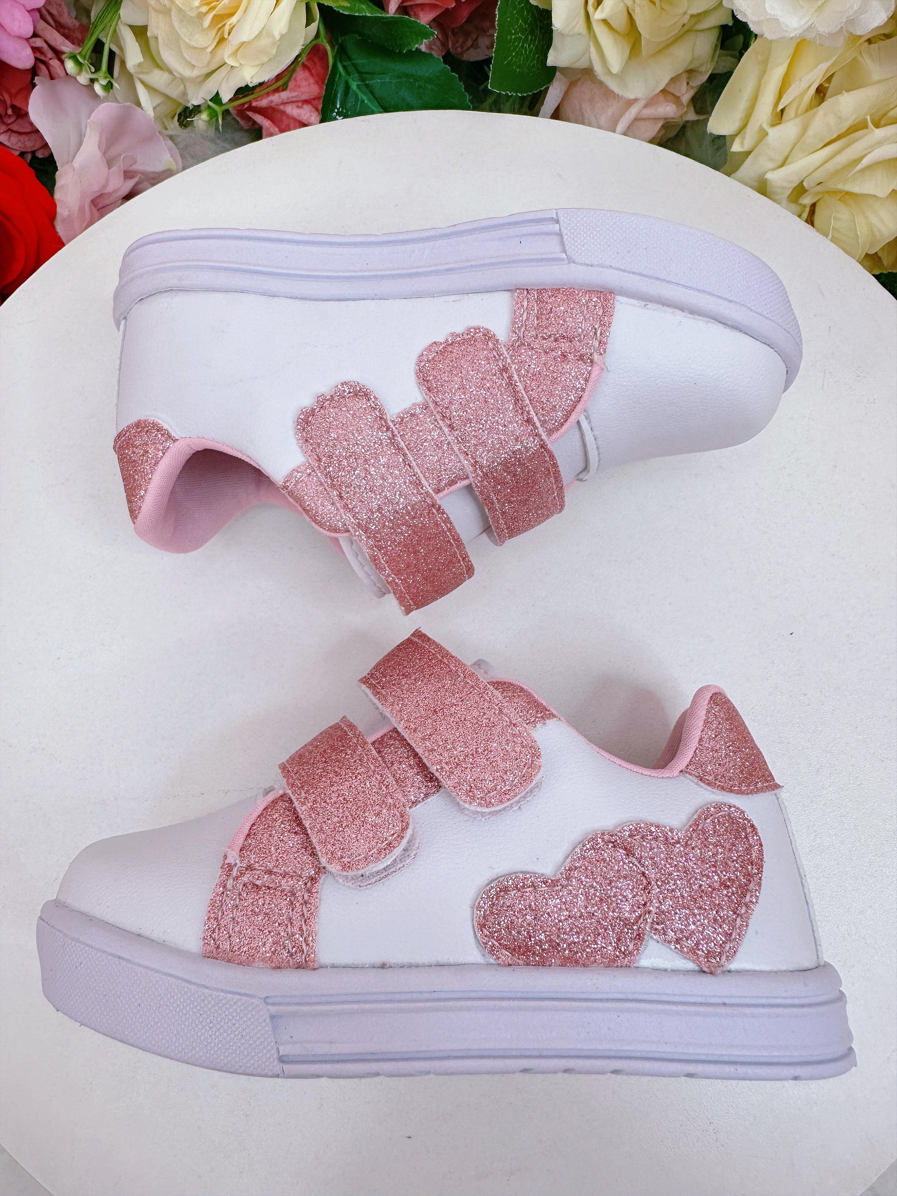 Tênis com Velcro Branco e Rosa C/ Glitter Meninas (8504BB)