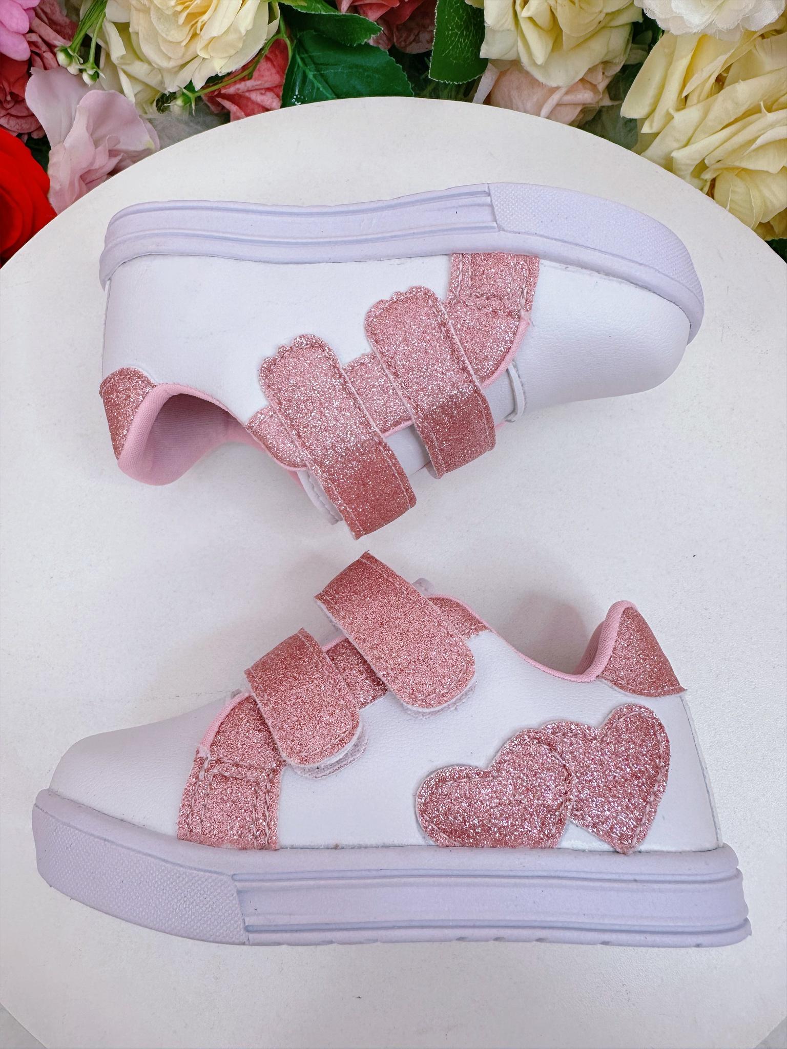 Tênis com Velcro Branco e Rosa C/ Glitter Meninas (8504BR)