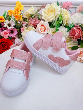 Tênis com Velcro Branco e Rosa C/ Glitter Meninas (8504BR)