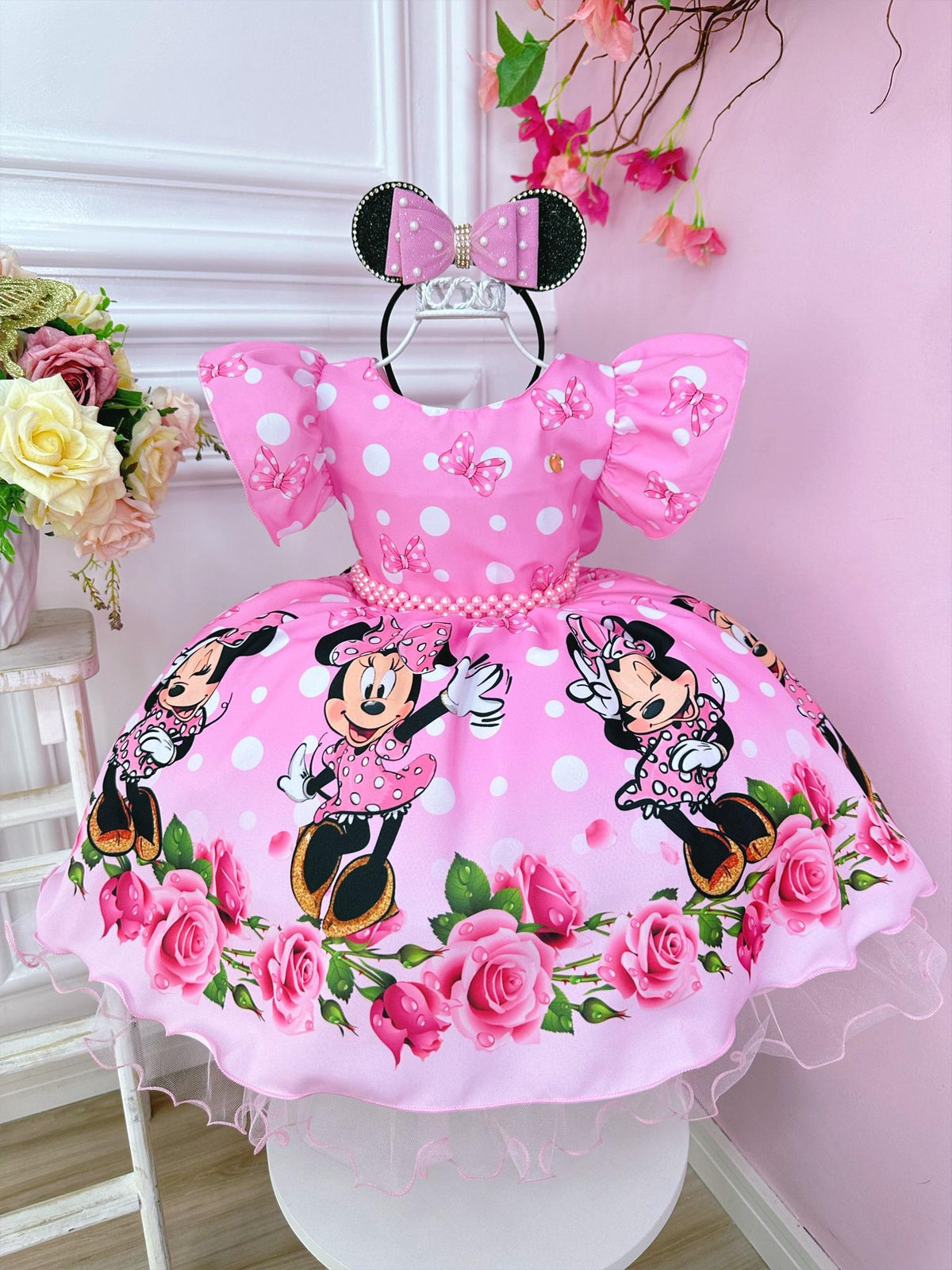 Vestido Infantil Minnie Florido de Rosas C/ Pérolas Festas (3413RS)