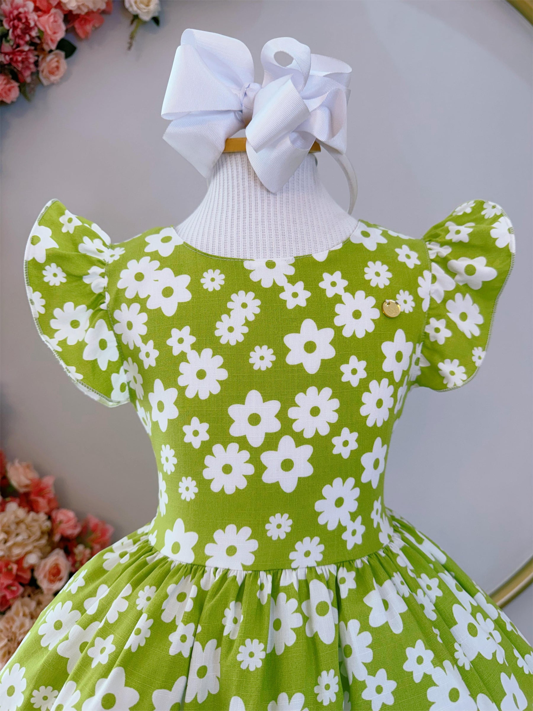 Vestido Infantil Primavera Verão Verde Lima C/ Margaridas (3373VL)