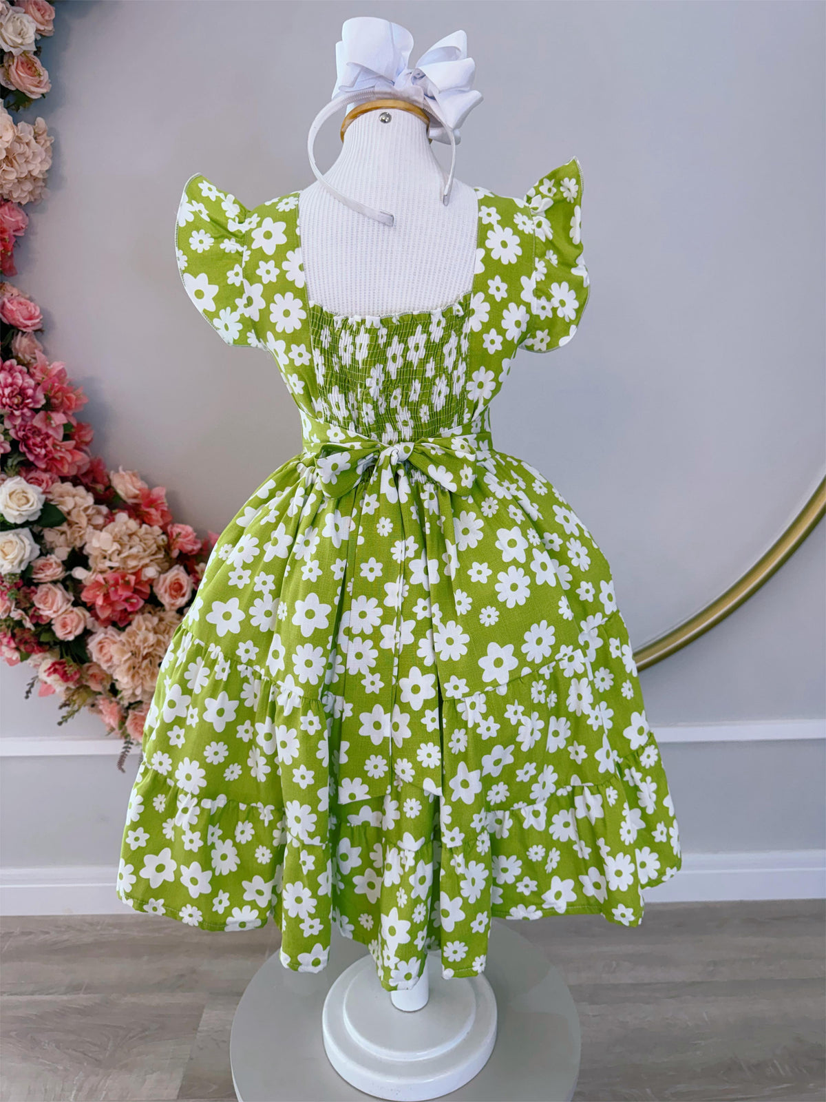 Vestido Infantil Primavera Verão Verde Lima C/ Margaridas (3373VL)