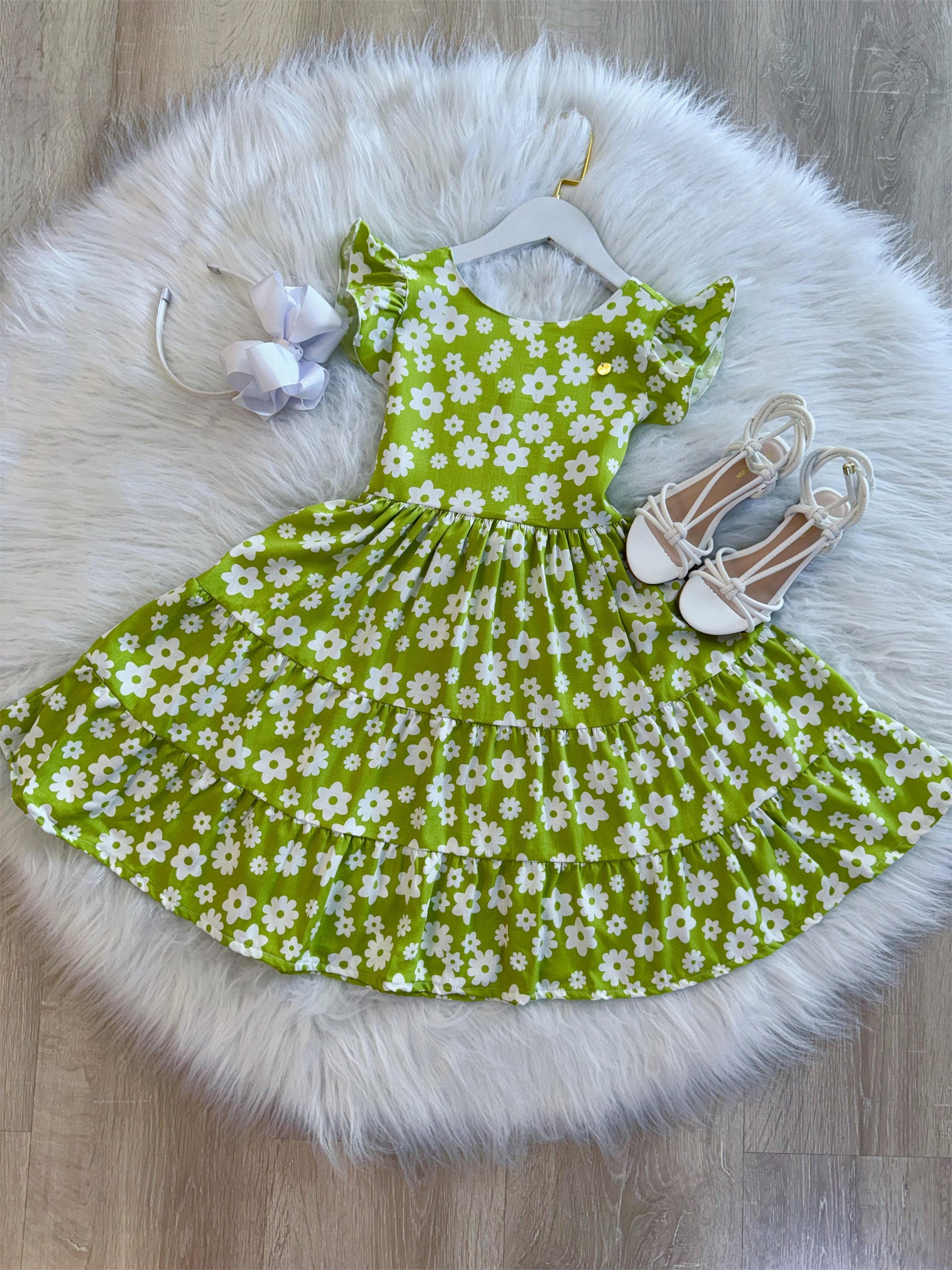 Vestido Infantil Primavera Verão Verde Lima C/ Margaridas (3373VL)