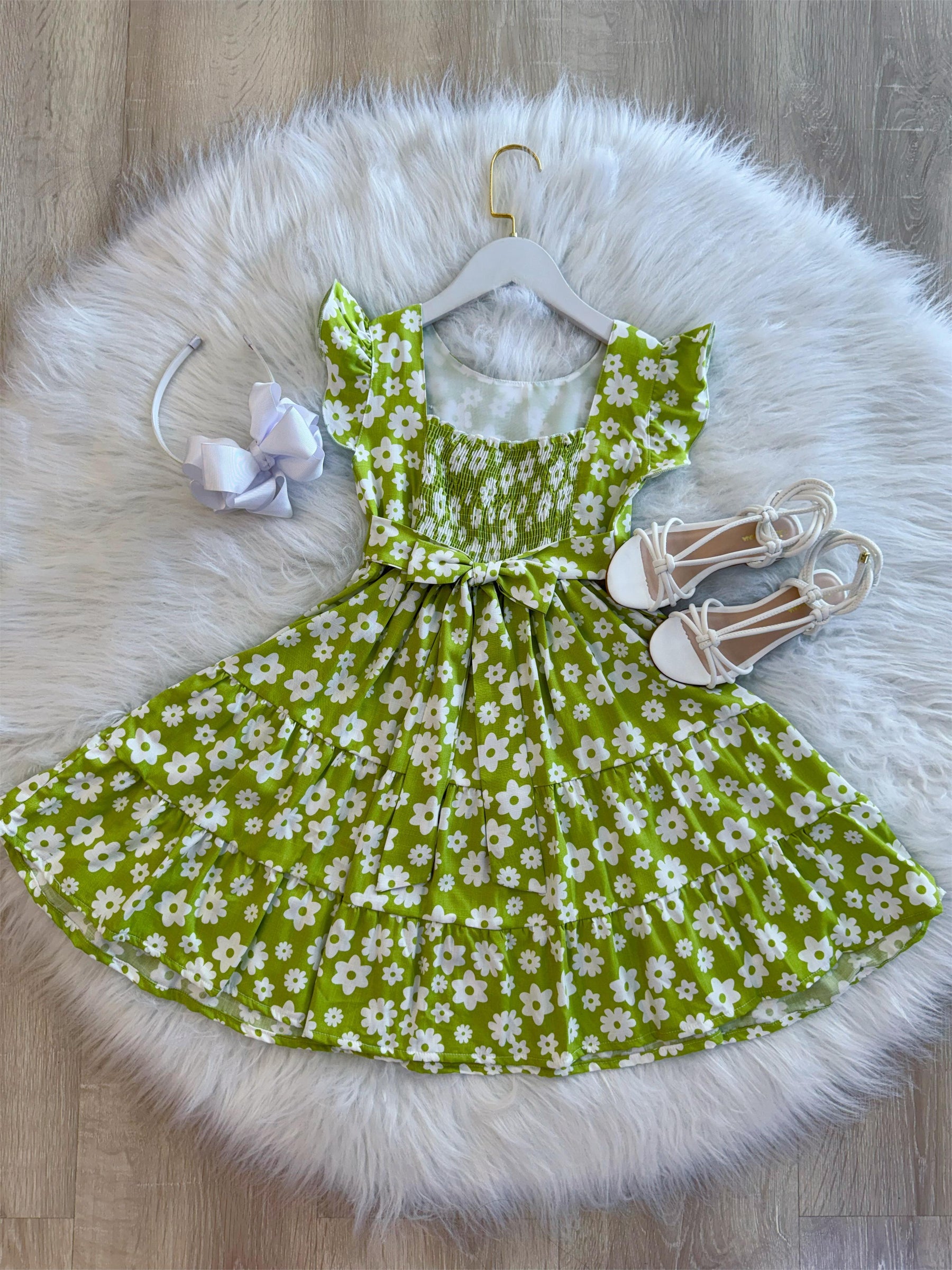 Vestido Infantil Primavera Verão Verde Lima C/ Margaridas (3373VL)