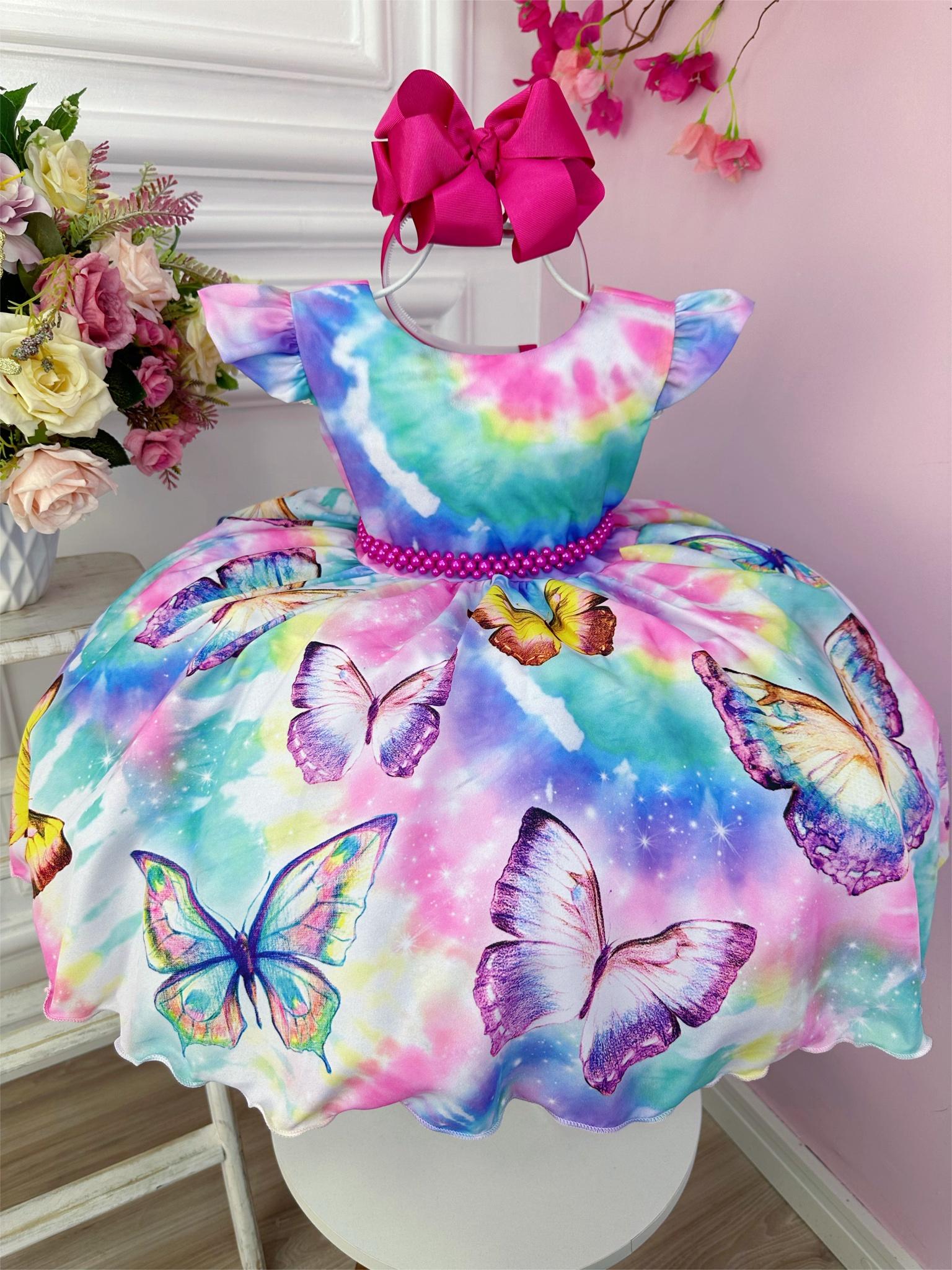 Vestido Infantil Jardim das Borboletas Colorido Tie Dye Luxo (1111CB)