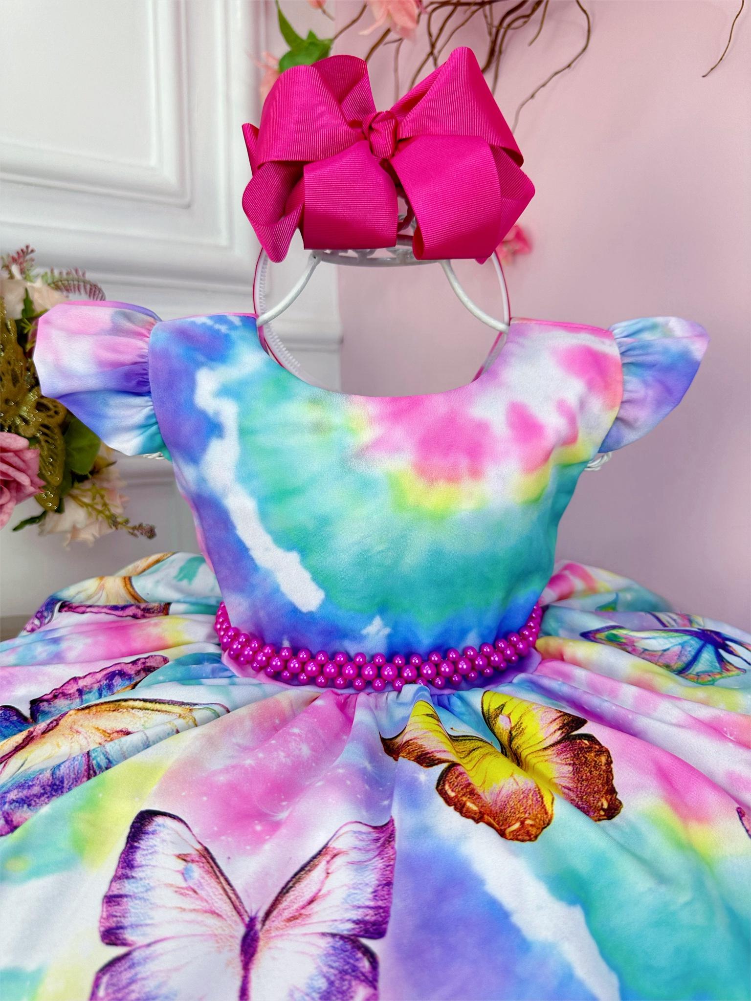 Vestido Infantil Jardim das Borboletas Colorido Tie Dye Luxo (1111CB)