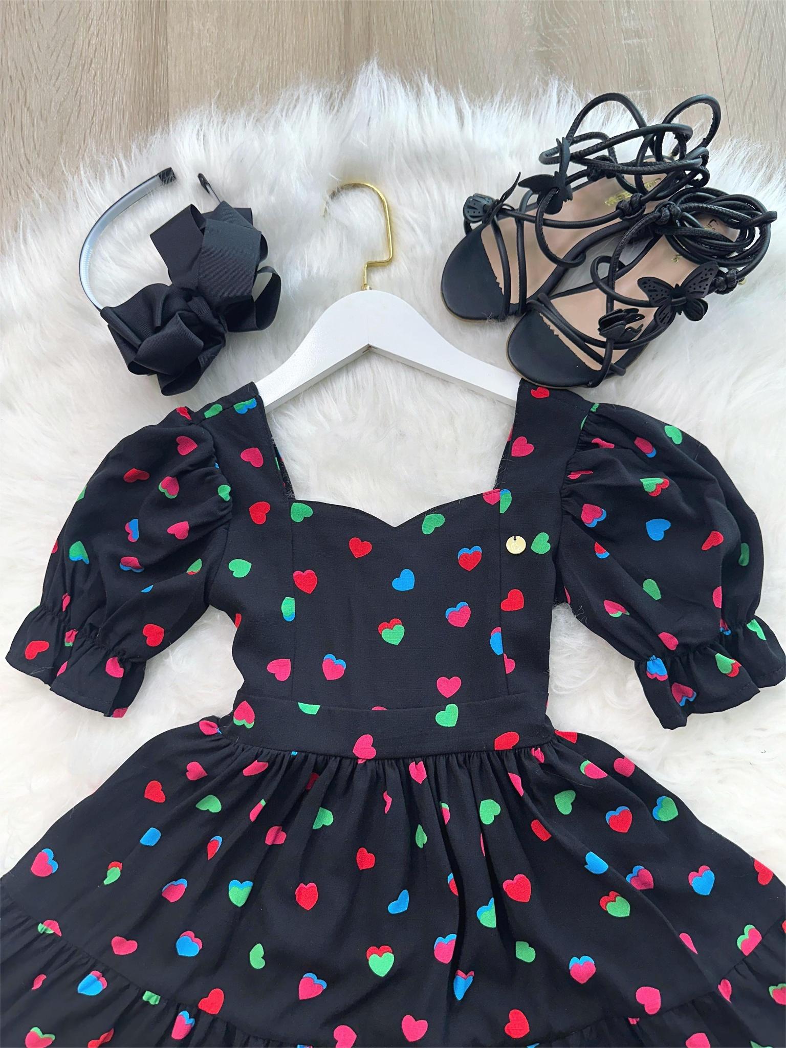 Vestido Infantil Primavera Verão Preto C/ Coraçõezinhos (3379PT)