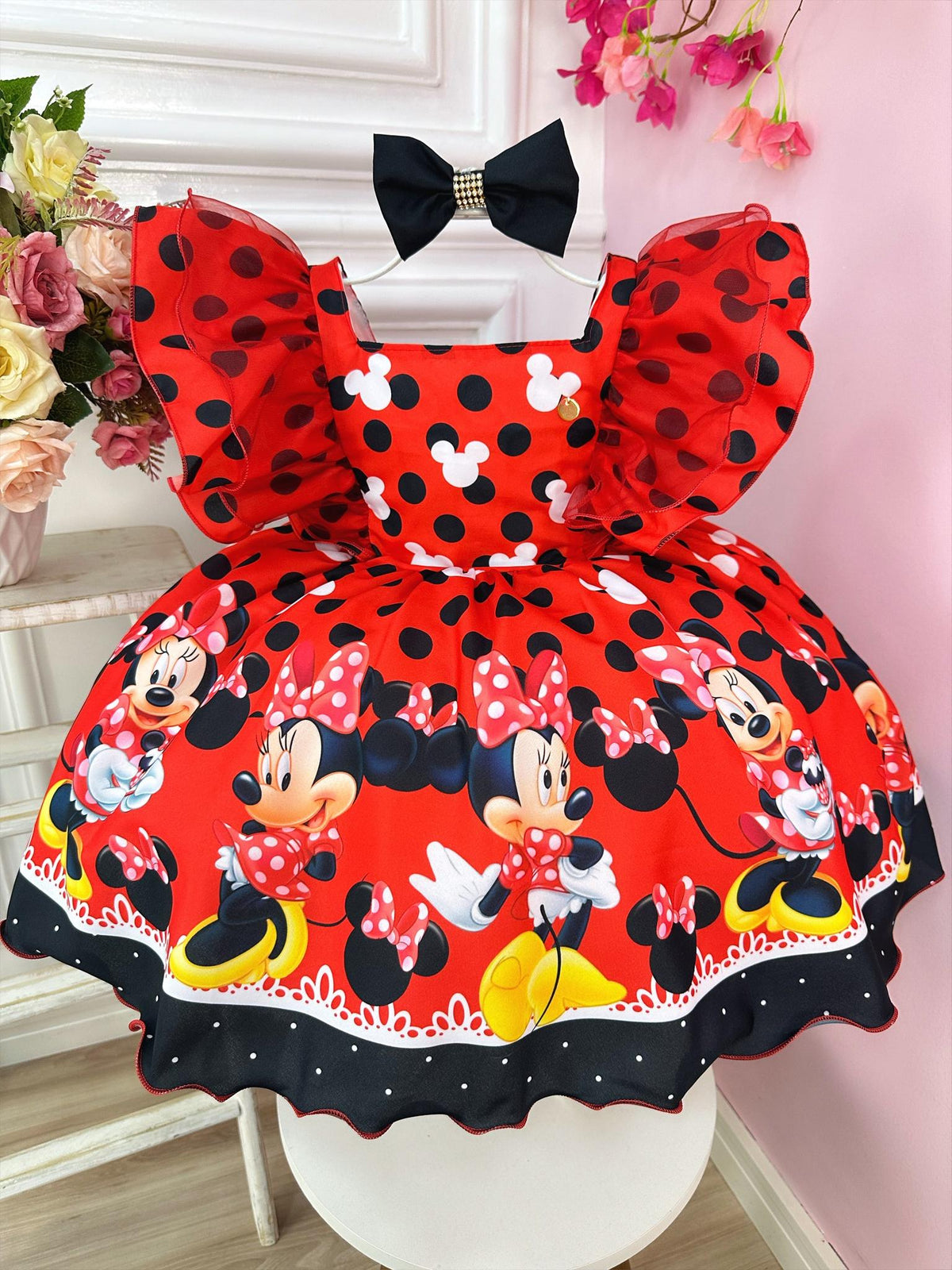 Vestido Infantil Minnie Vermelha C/ Laço Festas Luxo (3416VM)