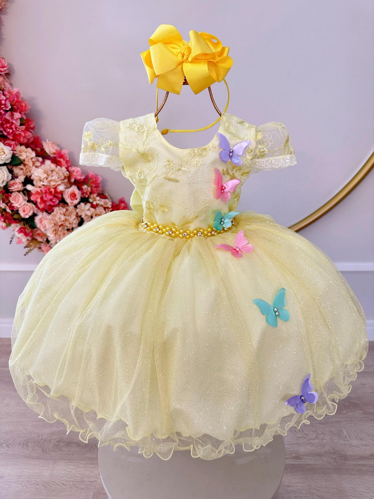 Vestido Infantil Jardim Encantado Amarelo Aplique Borboletas (0279AM)