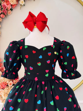 Vestido Infantil Primavera Verão Preto C/ Coraçõezinhos (3379PT)