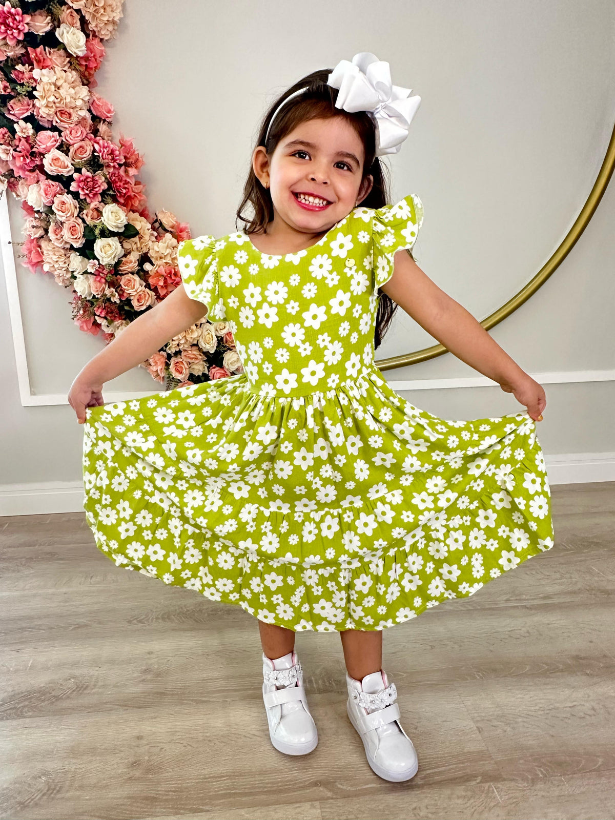 Vestido Infantil Primavera Verão Verde Lima C/ Margaridas (3373VL)