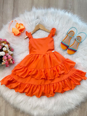 Vestido Infantil Primavera Verão Laranja Neon Saia C/ Babado (3392LN)