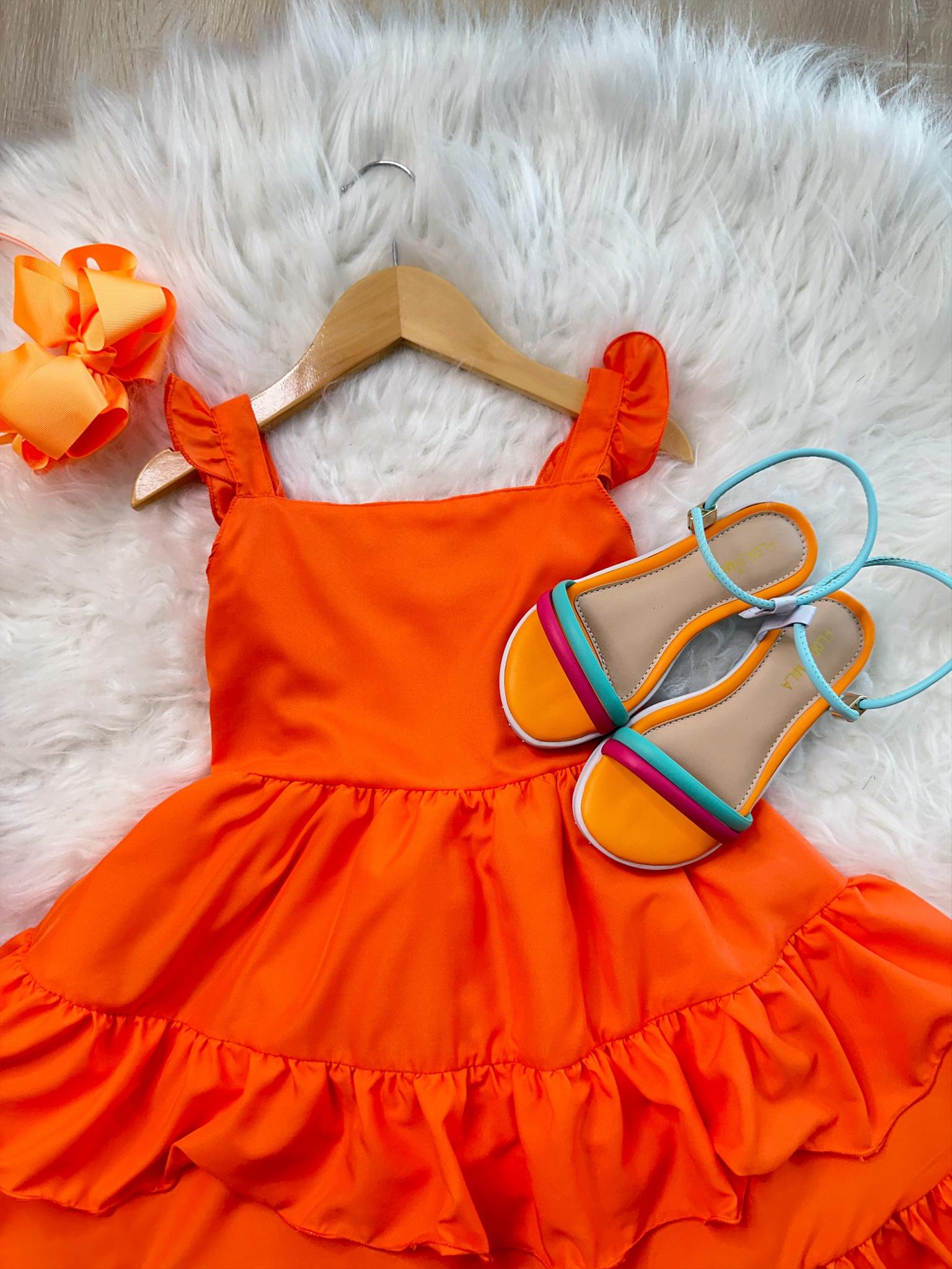 Vestido Infantil Primavera Verão Laranja Neon Saia C/ Babado (3392LN)