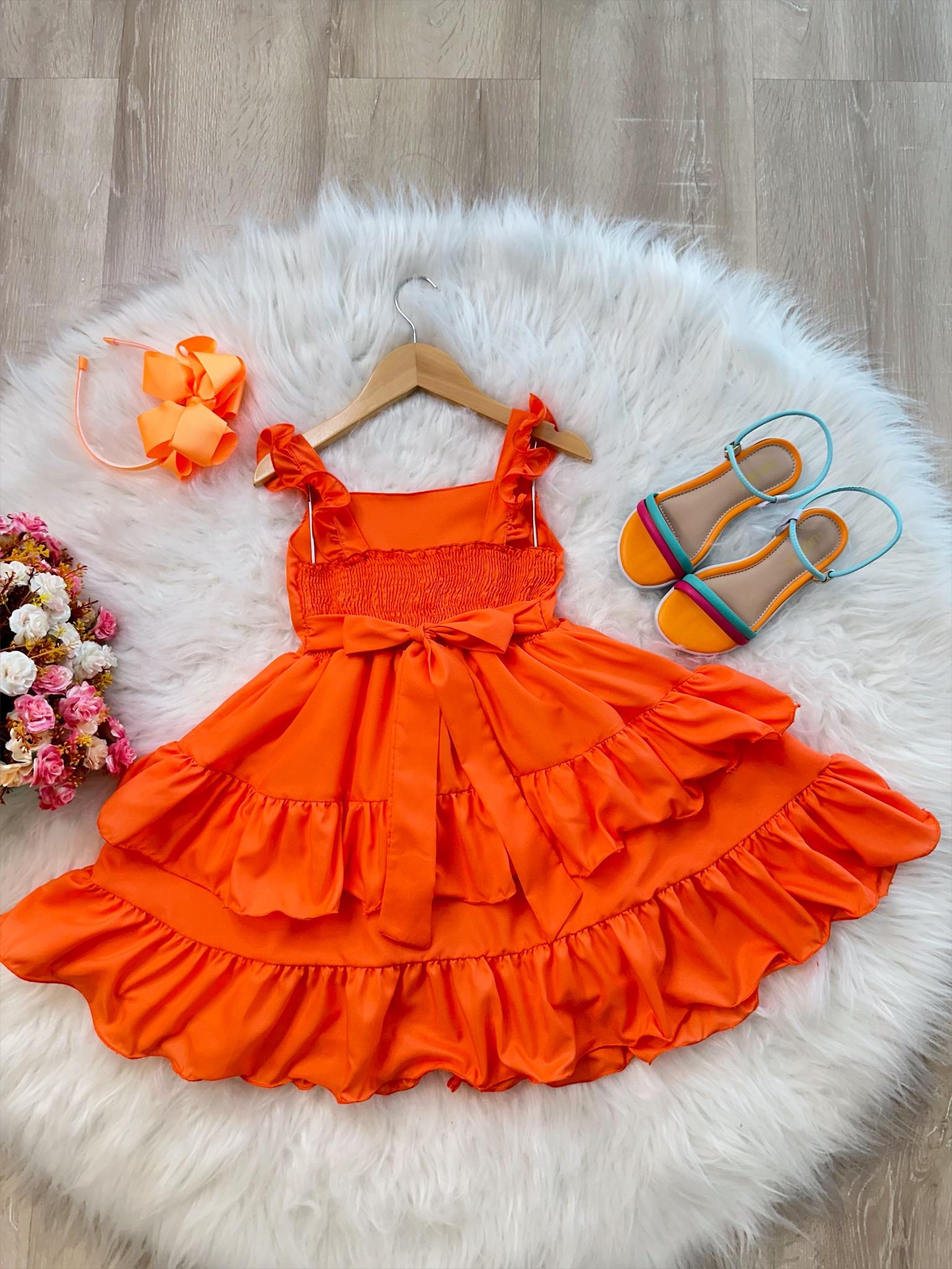 Vestido Infantil Primavera Verão Laranja Neon Saia C/ Babado (3392LN)