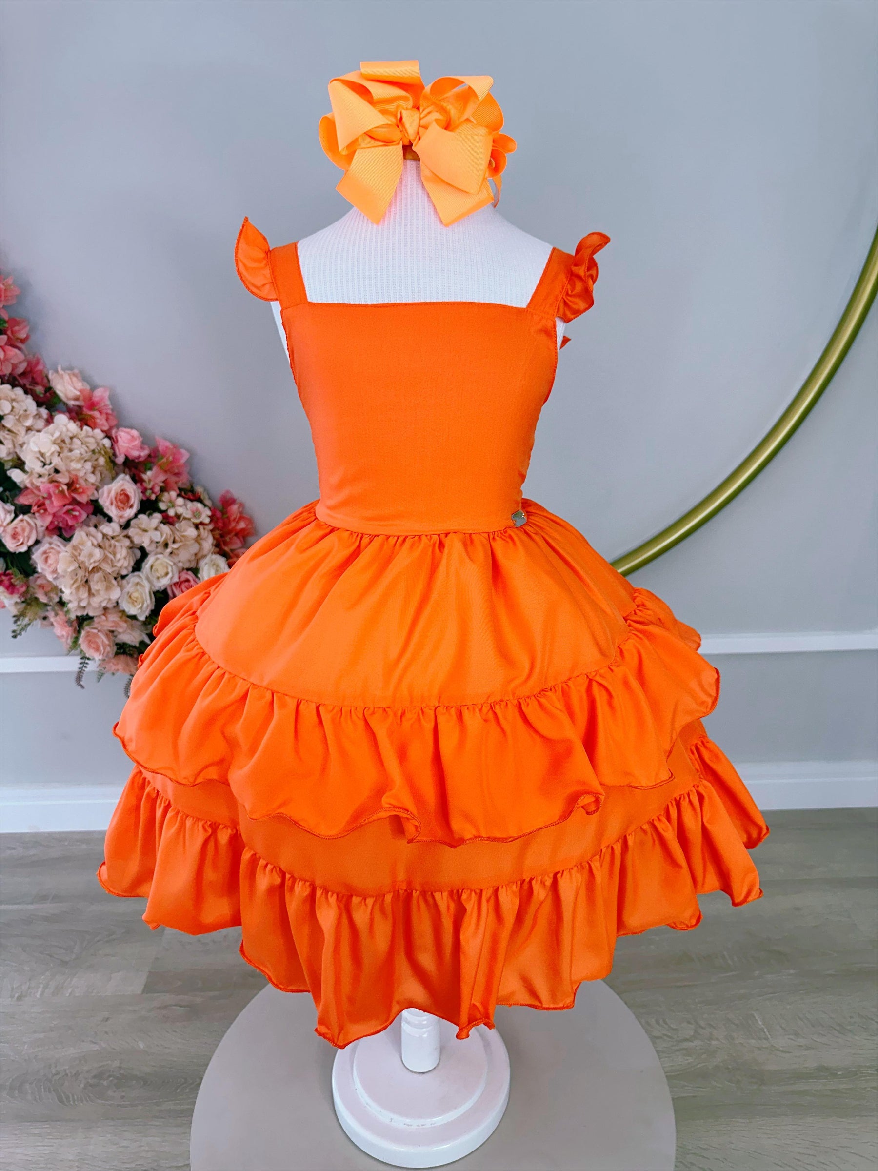 Vestido Infantil Primavera Verão Laranja Neon Saia C/ Babado (3392LN)