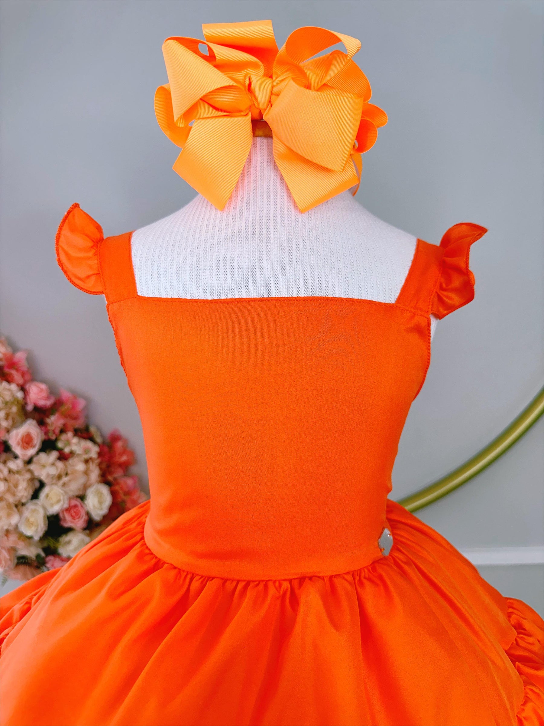 Vestido Infantil Primavera Verão Laranja Neon Saia C/ Babado (3392LN)