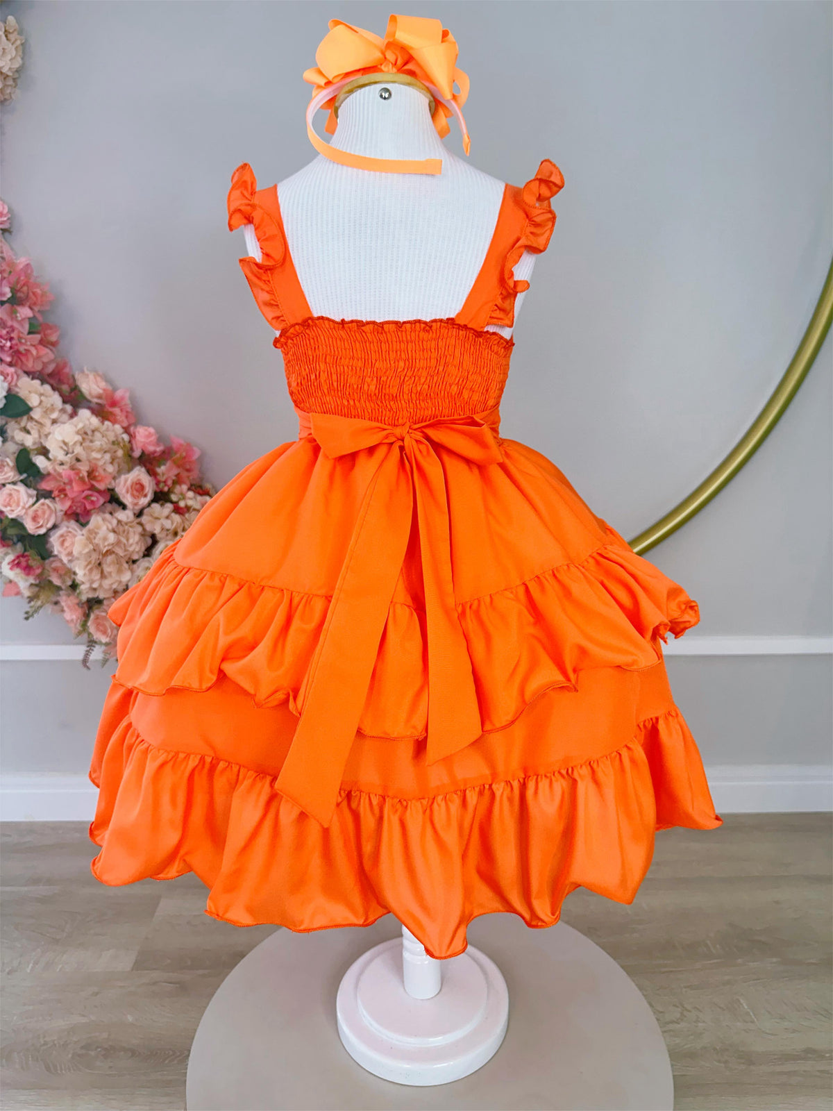 Vestido Infantil Primavera Verão Laranja Neon Saia C/ Babado (3392LN)