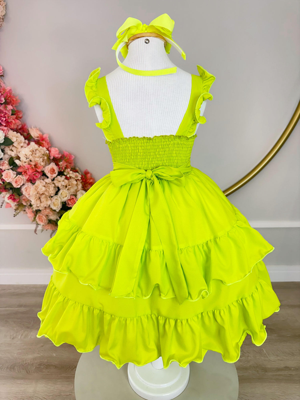 Vestido Infantil Primavera Verão Verde Neon Saia C/ Babado (3392VN)