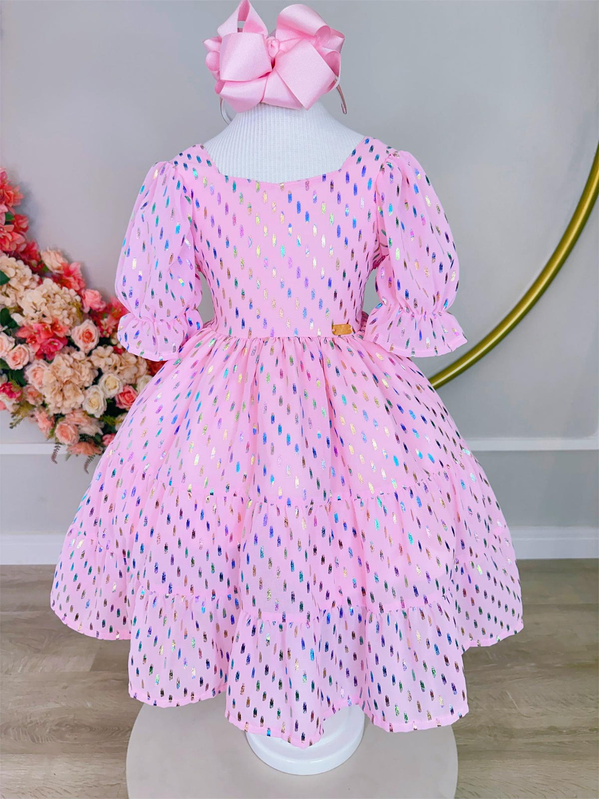 Vestido Infantil Primavera Verão Rosa Bebê Riscos Coloridos (3388RS)