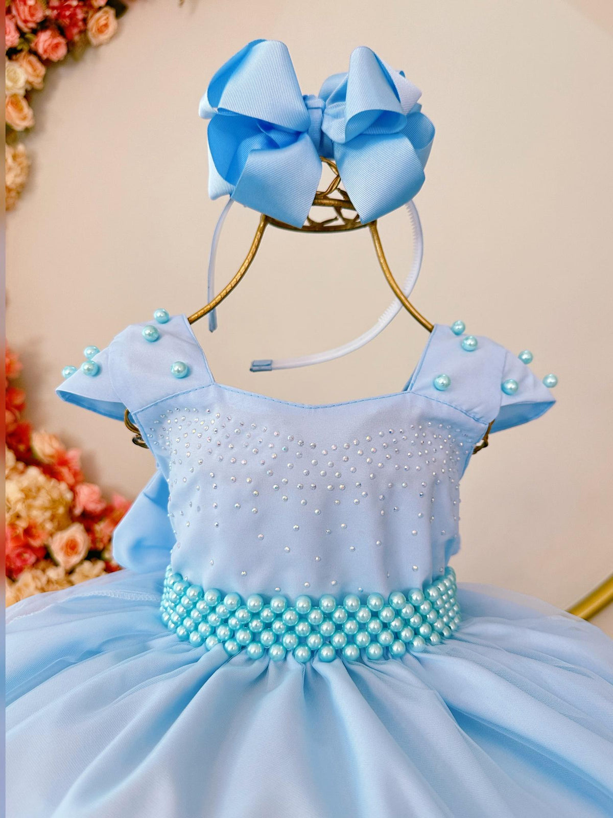 Vestido Infantil Azul Saia Organza e Busto C/ Strass Luxo (1691AZ)