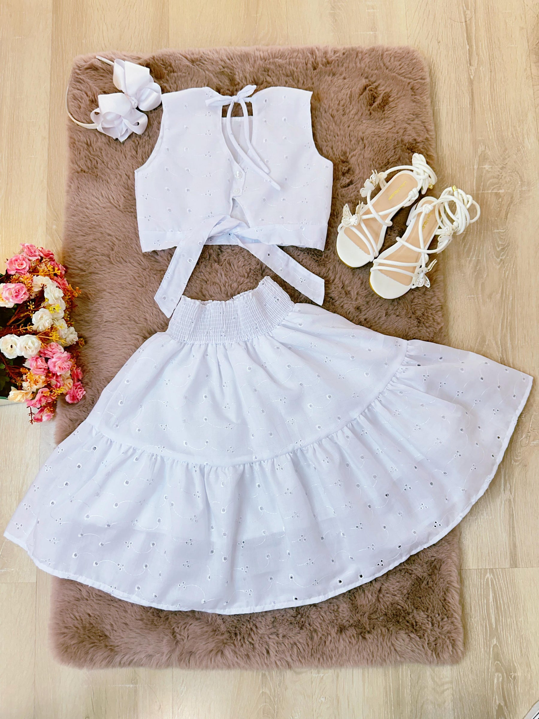 Conjunto Meninas Branco Cropped e Saia Mid Bordado Luxo (3408BC)