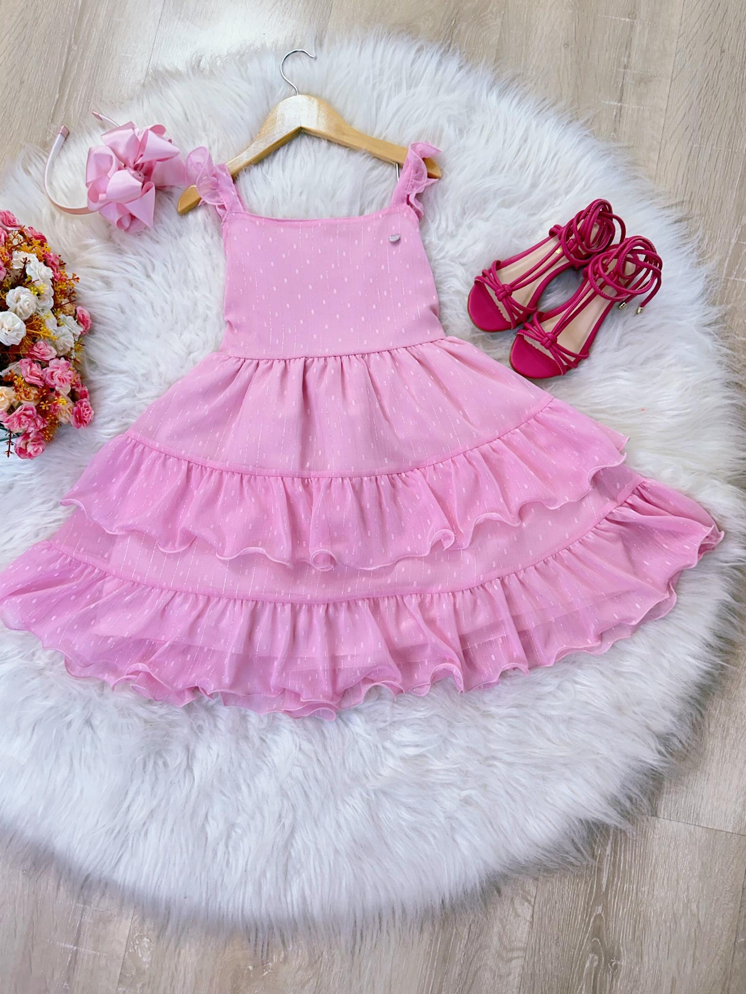 Vestido Infantil Primavera Verão Rosa Bebê Saia C/ Babado (3410RS)