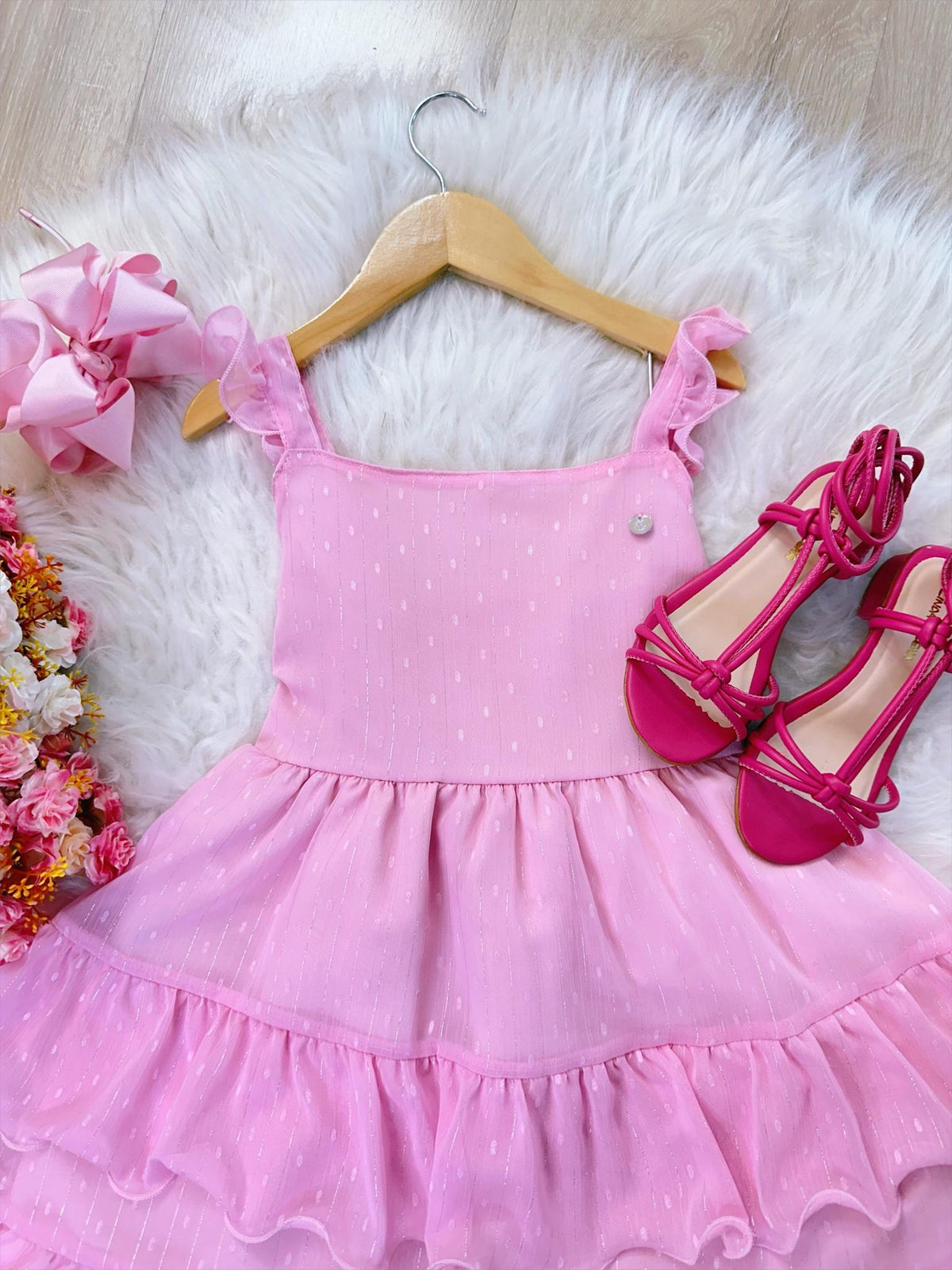 Vestido Infantil Primavera Verão Rosa Bebê Saia C/ Babado (3410RS)