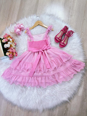 Vestido Infantil Primavera Verão Rosa Bebê Saia C/ Babado (3410RS)