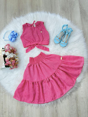 Conjunto Meninas Pink Cropped e Saia Mid Bordado Luxo (3408PK)