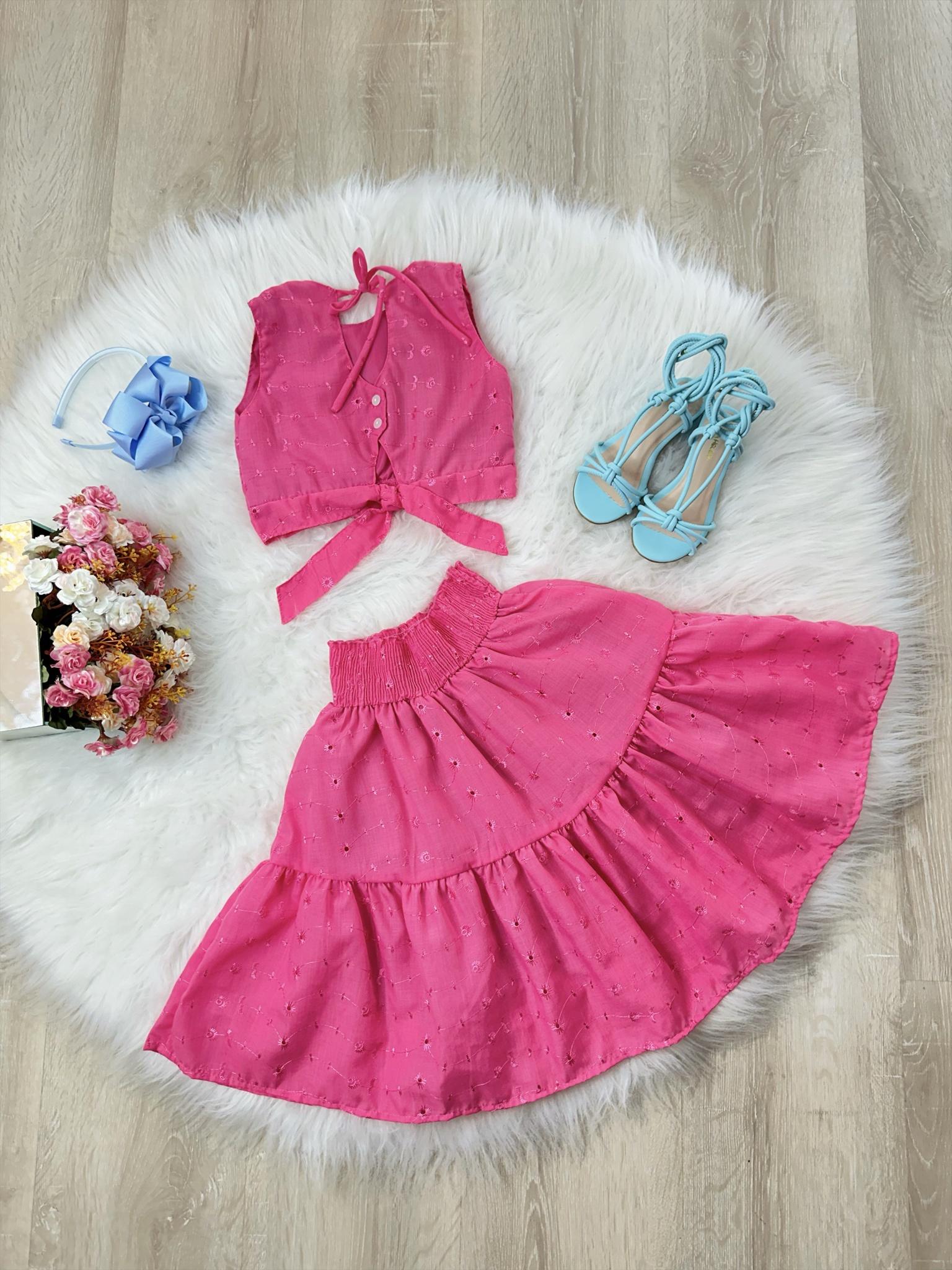 Conjunto Meninas Pink Cropped e Saia Mid Bordado Luxo (3408PK)