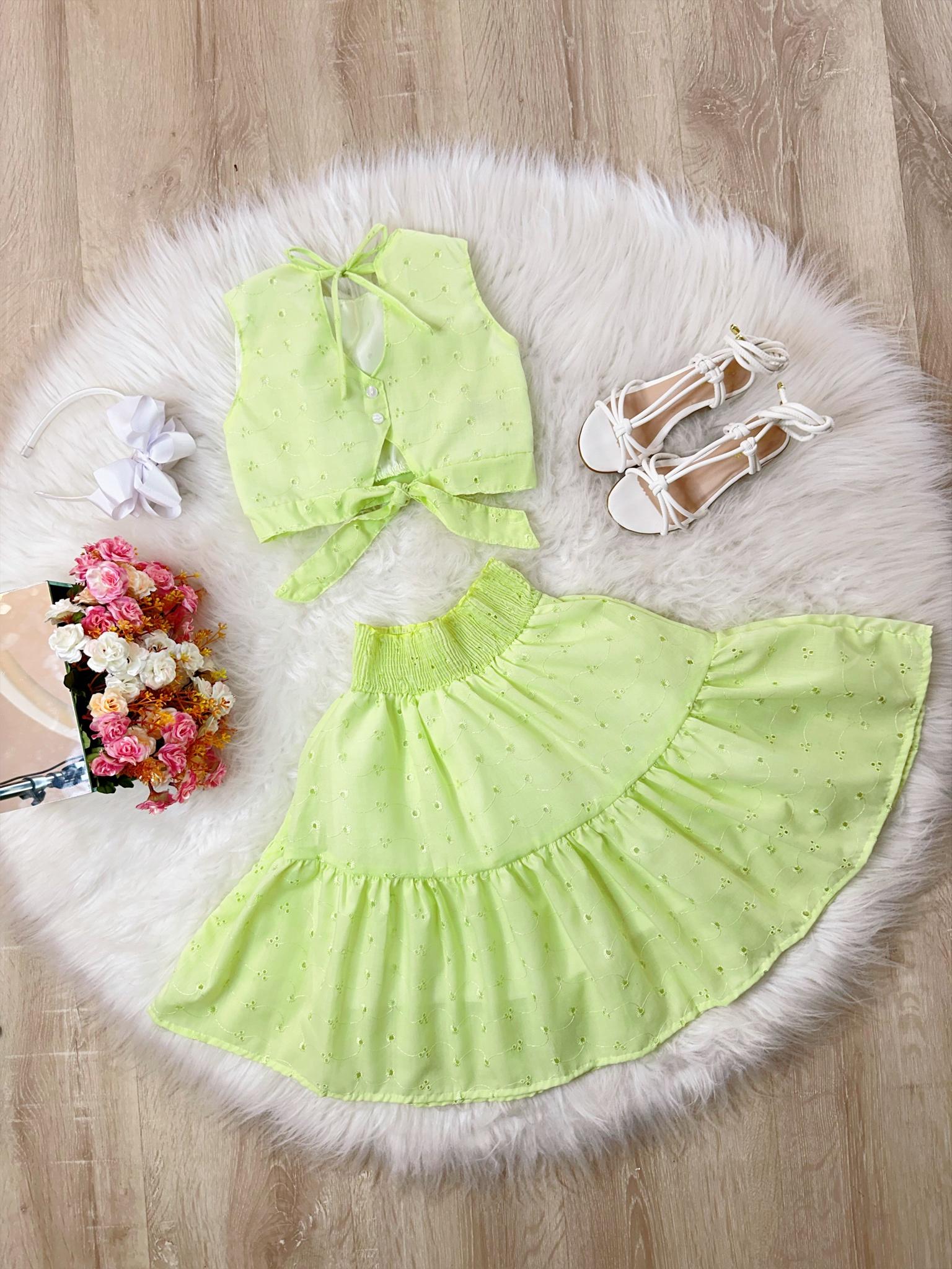 Conjunto Meninas Verde Lima Cropped e Saia Mid Bordado Luxo (3408VL)